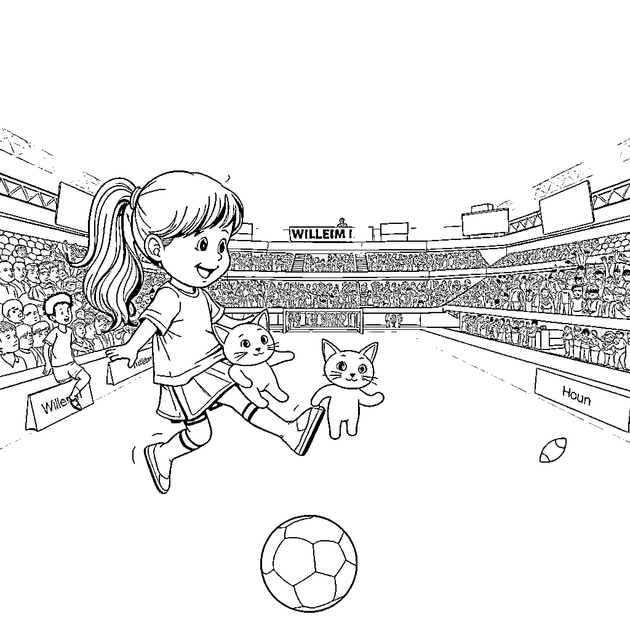 Girl playing with kittens in a sports stadium Coloring Page (free black-and-white line drawing printable PDF for all, from beginners to advanced learners, including children, teens, adults, and seniors)
