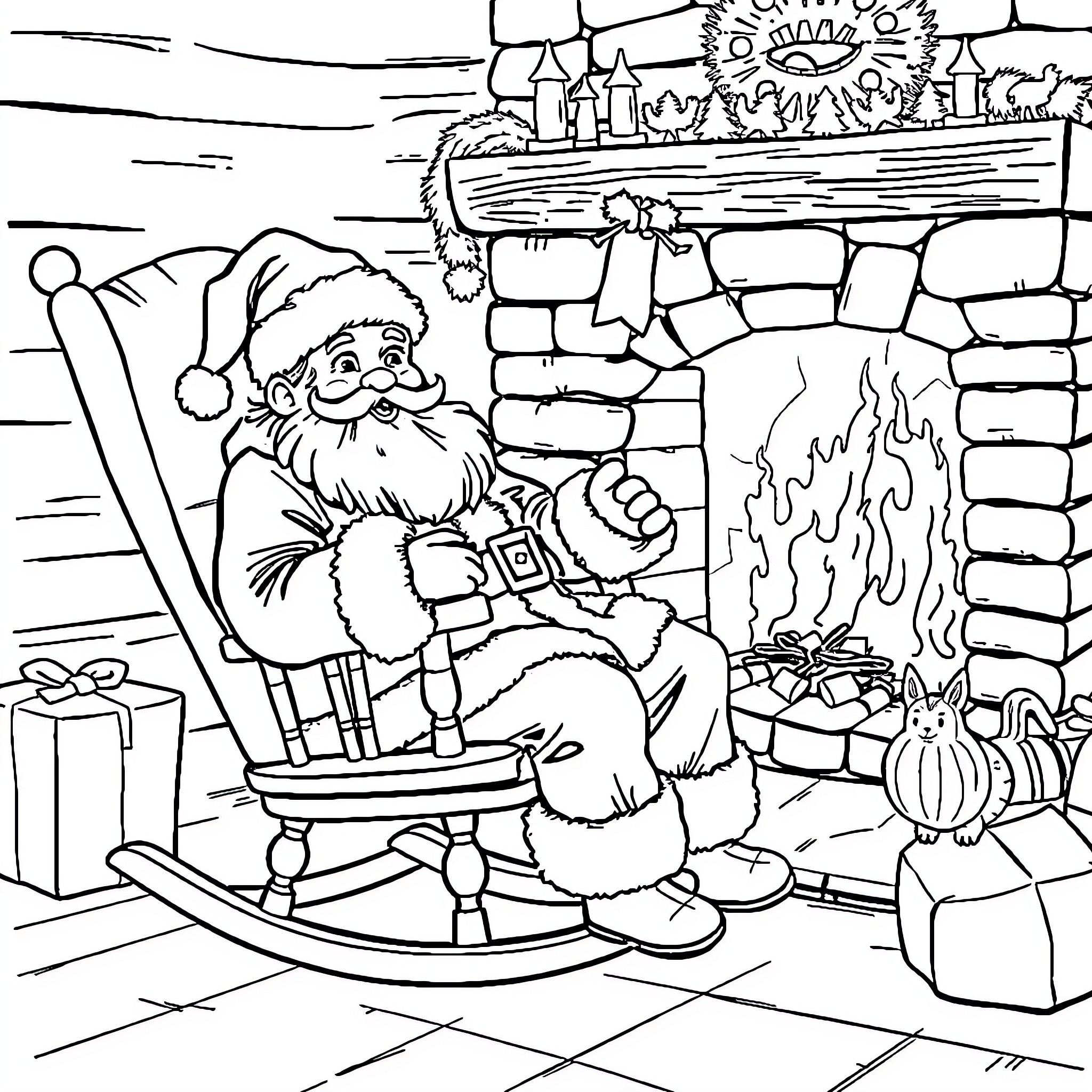 Santa Claus relaxing by the fireplace Coloring Page (free black-and-white line drawing printable PDF for all, from beginners to advanced learners, including children, teens, adults, and seniors)