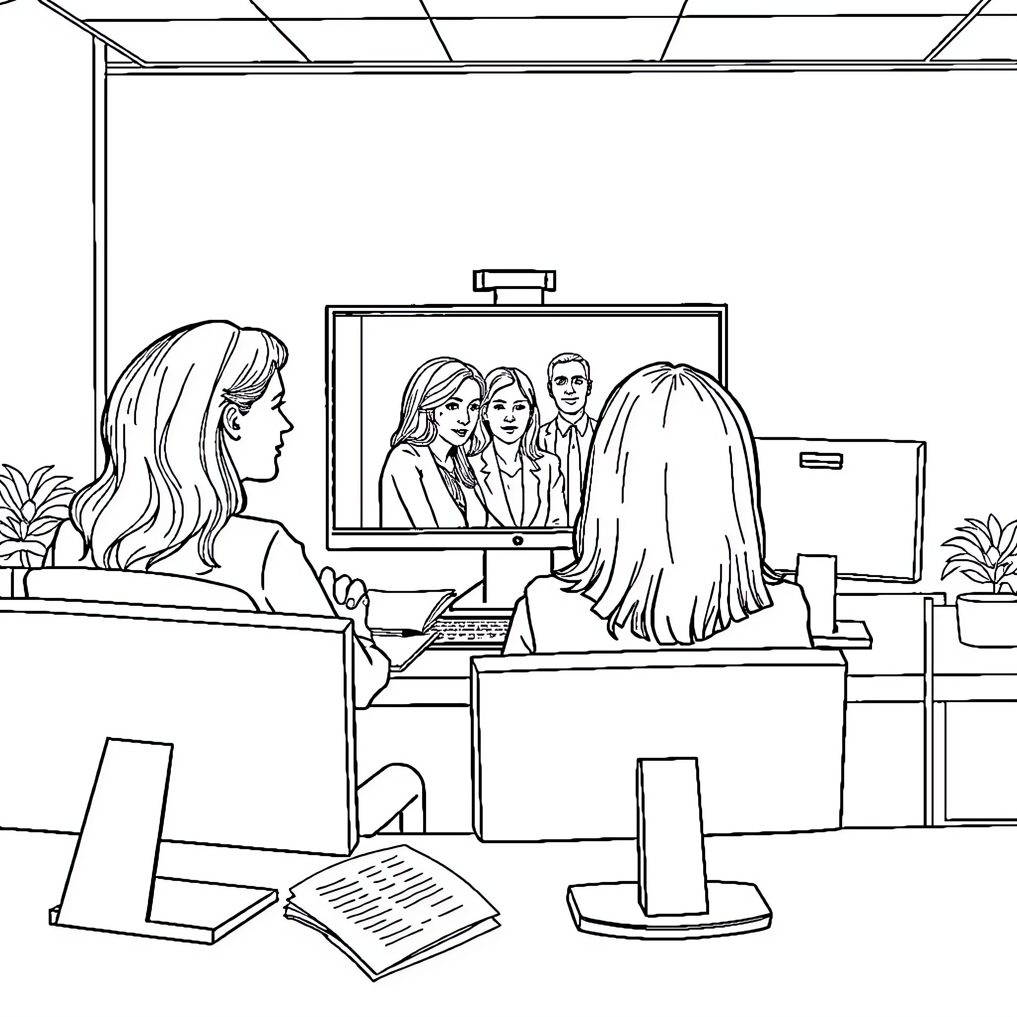 Woman working at computer with video conference Coloring Page (free black-and-white line drawing printable PDF for all, from beginners to advanced learners, including children, teens, adults, and seniors)