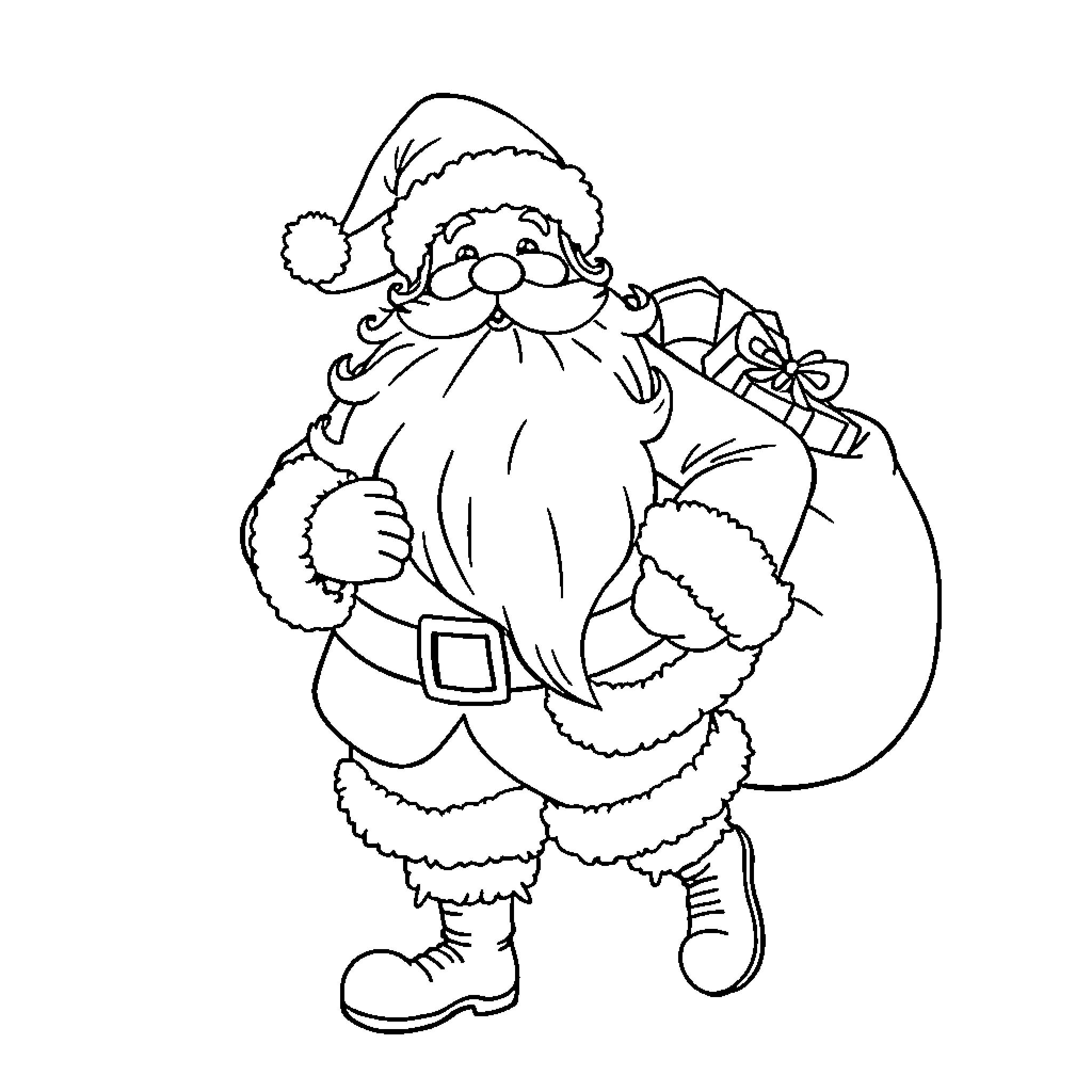 Santa carrying a sack of gifts Coloring Page (free black-and-white line drawing printable PDF for all, from beginners to advanced learners, including children, teens, adults, and seniors)