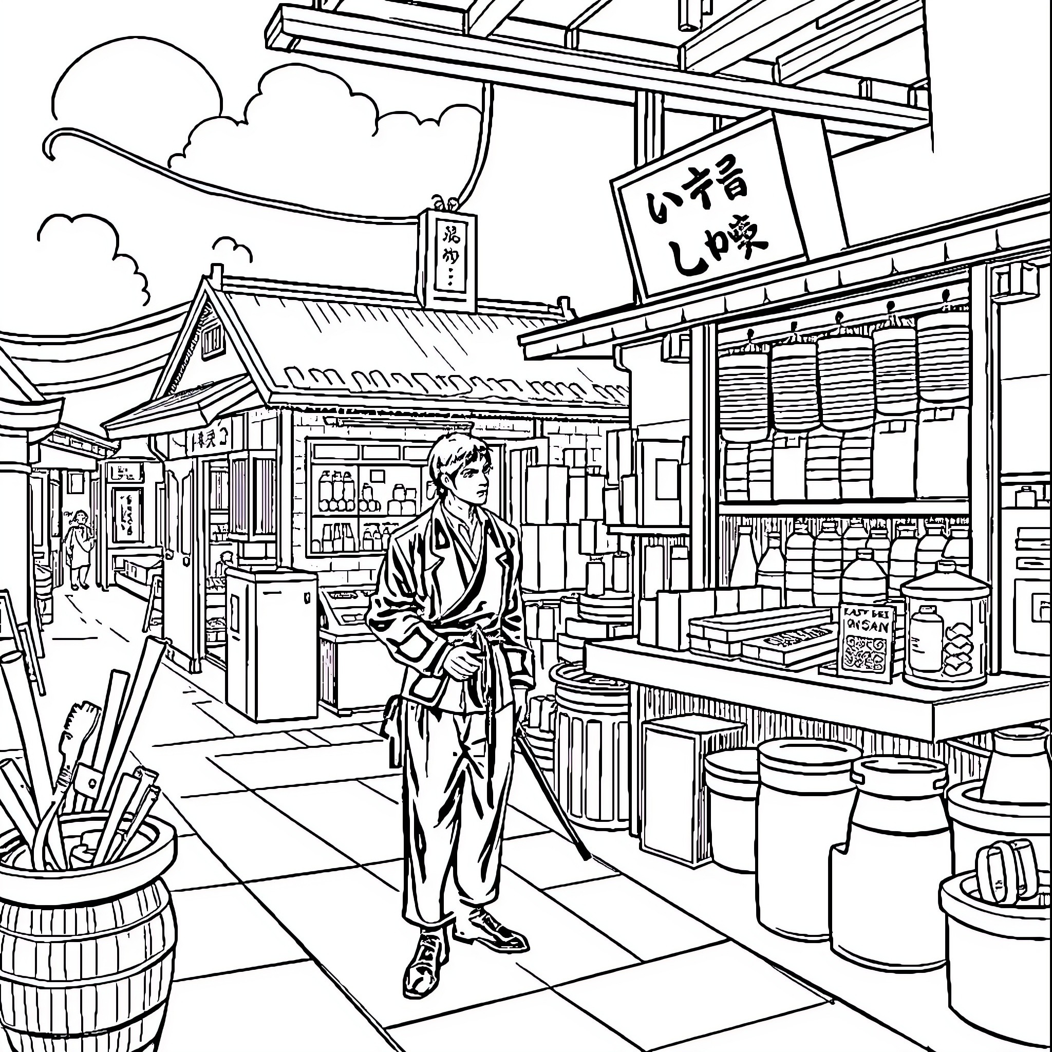 Sakamoto Days: Man in Samurai Outfit in Traditional Japanese Market Coloring Page (free black-and-white line drawing printable PDF for all, from beginners to advanced learners, including children, teens, adults, and seniors)