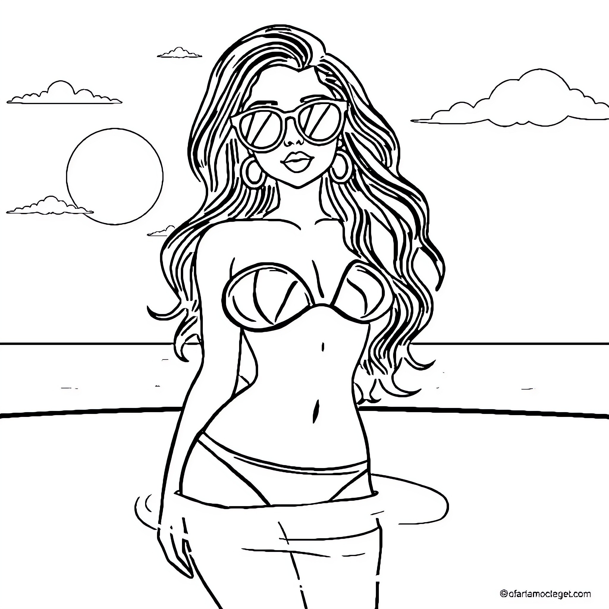 Catwoman enjoying the beach in her iconic outfit Coloring Page (free black-and-white line drawing printable PDF for all, from beginners to advanced learners, including children, teens, adults, and seniors)