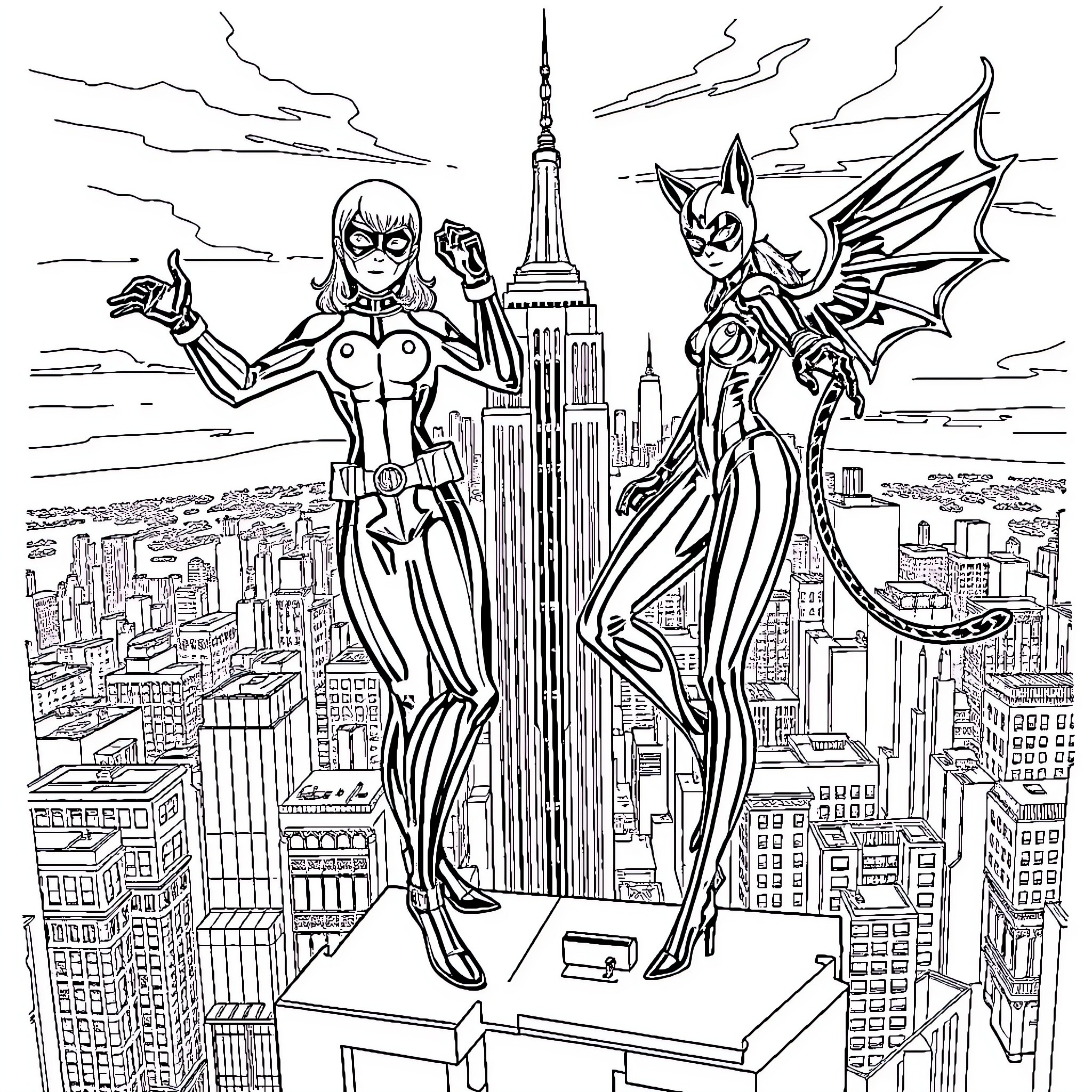 Ladybug superheroes soaring above the city skyline Coloring Page (free black-and-white line drawing printable PDF for all, from beginners to advanced learners, including children, teens, adults, and seniors)