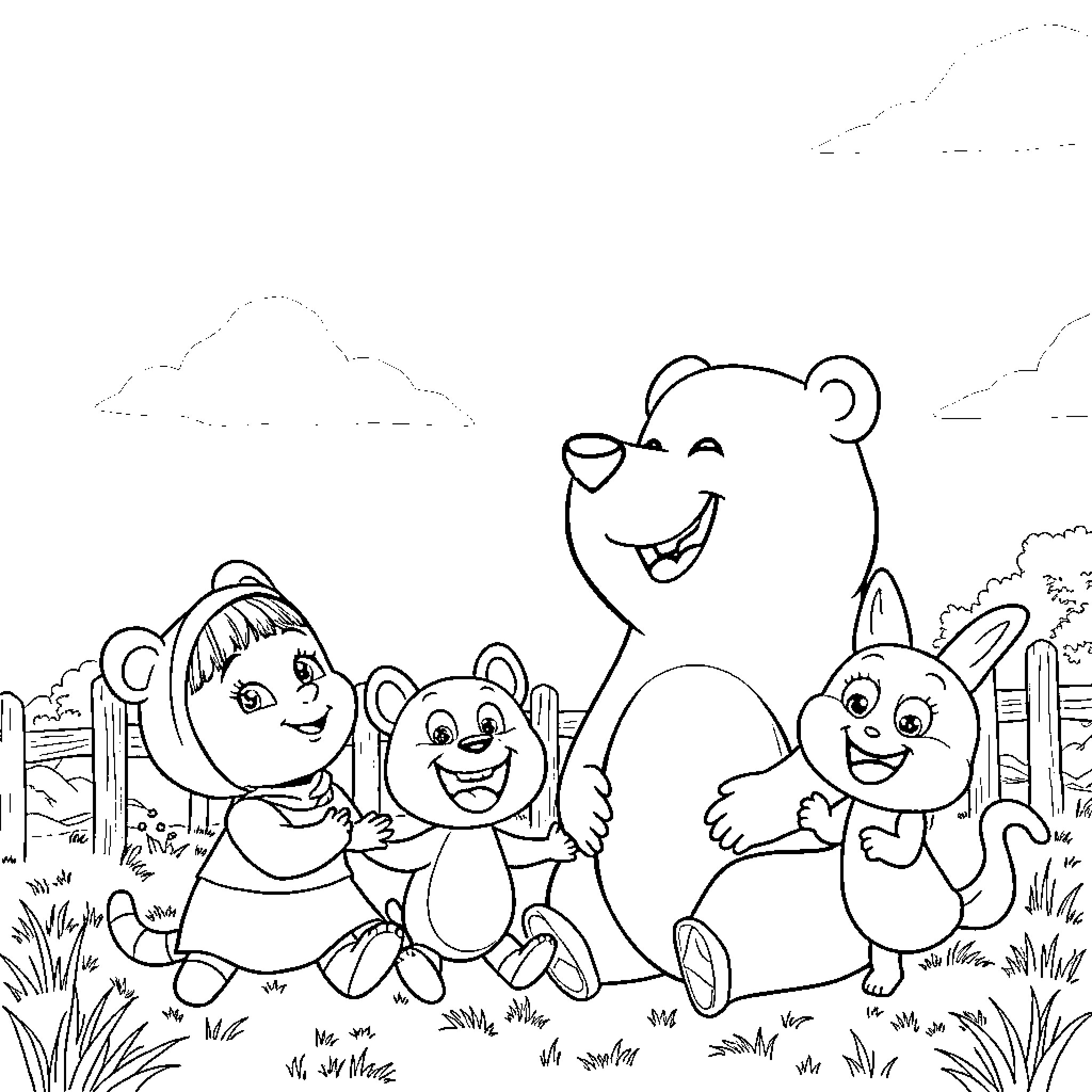 Masha and her bear friends playing happily in the meadow Coloring Page (free black-and-white line drawing printable PDF for all, from beginners to advanced learners, including children, teens, adults, and seniors)