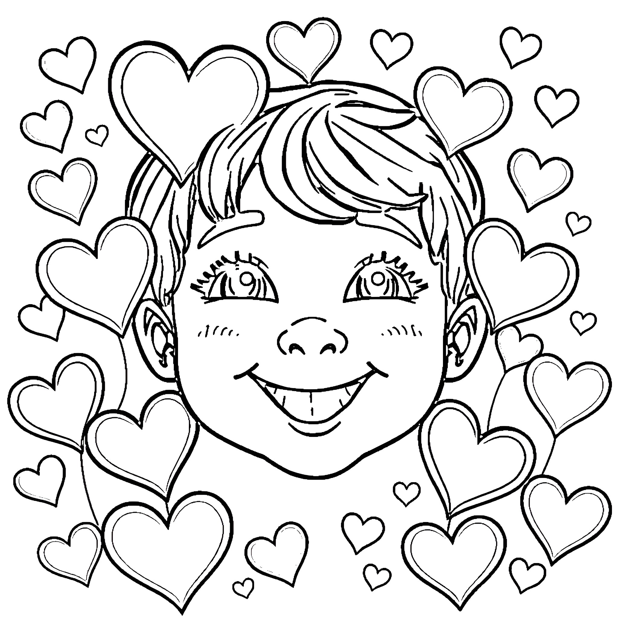 Heart-shaped Expressions of Joyful Child Coloring Page (free black-and-white line drawing printable PDF for all, from beginners to advanced learners, including children, teens, adults, and seniors)