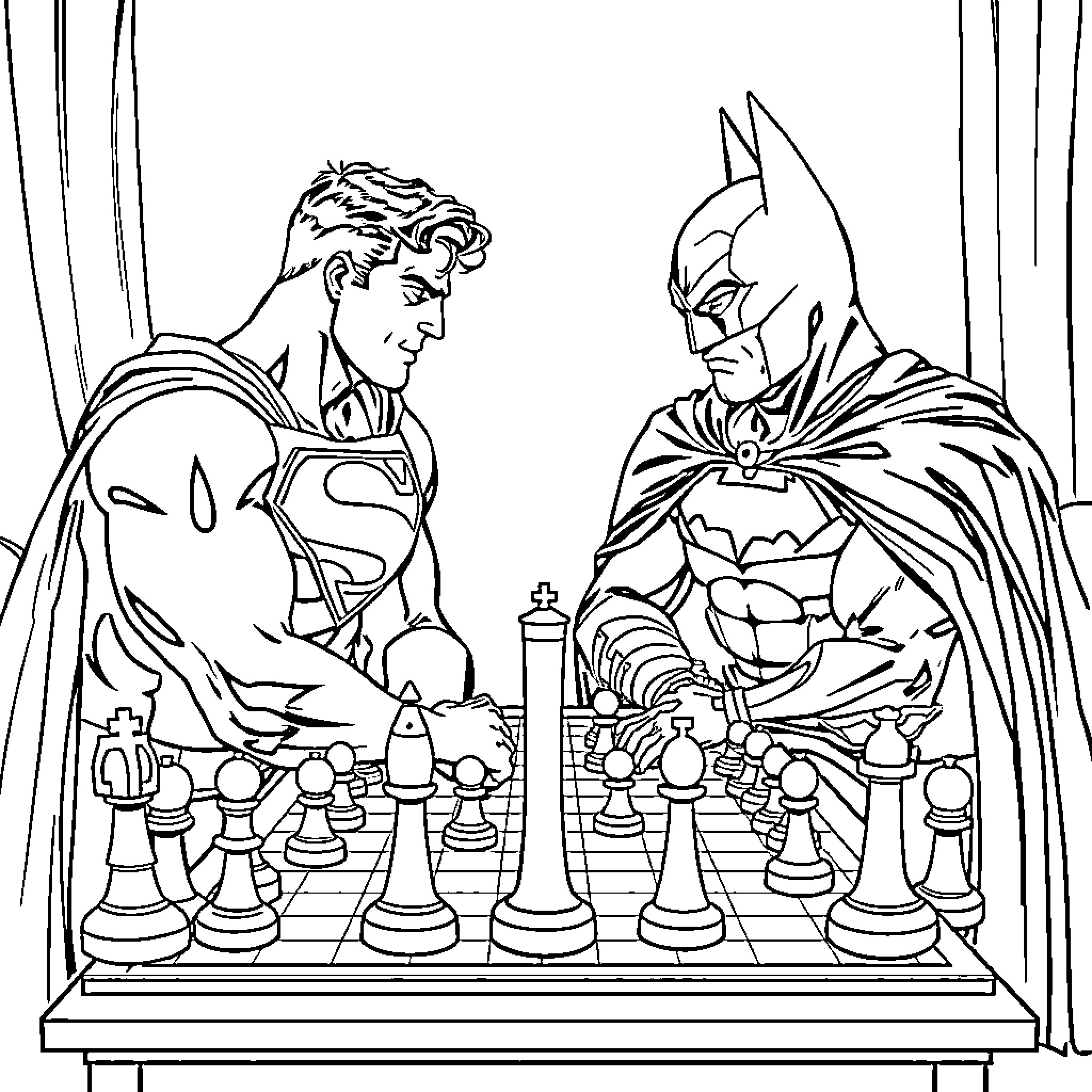 Superhero Chess Match of Titans Coloring Page (free black-and-white line drawing printable PDF for all, from beginners to advanced learners, including children, teens, adults, and seniors)