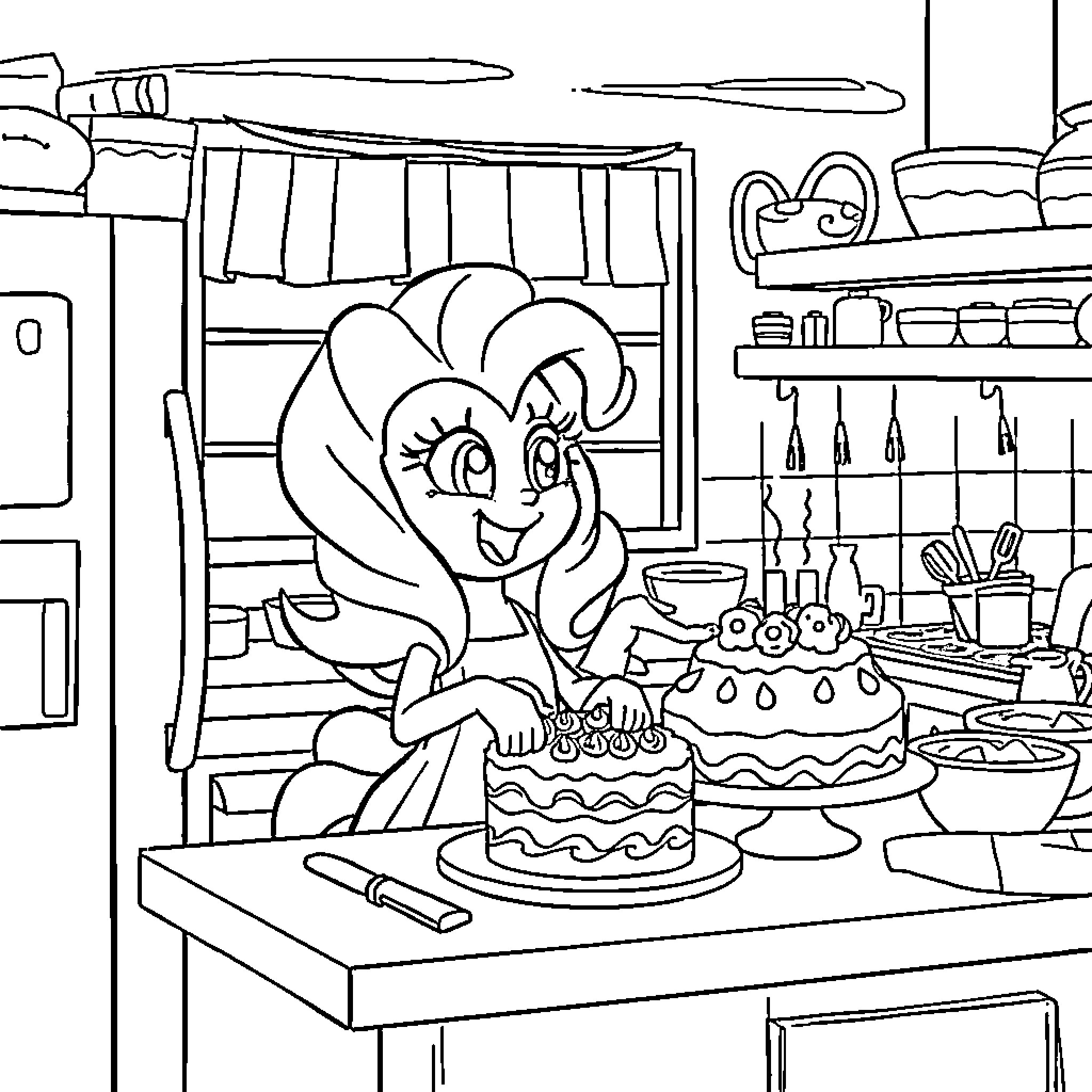 Pinky Pie bakes a delightful cake in the kitchen Coloring Page (free black-and-white line drawing printable PDF for all, from beginners to advanced learners, including children, teens, adults, and seniors)
