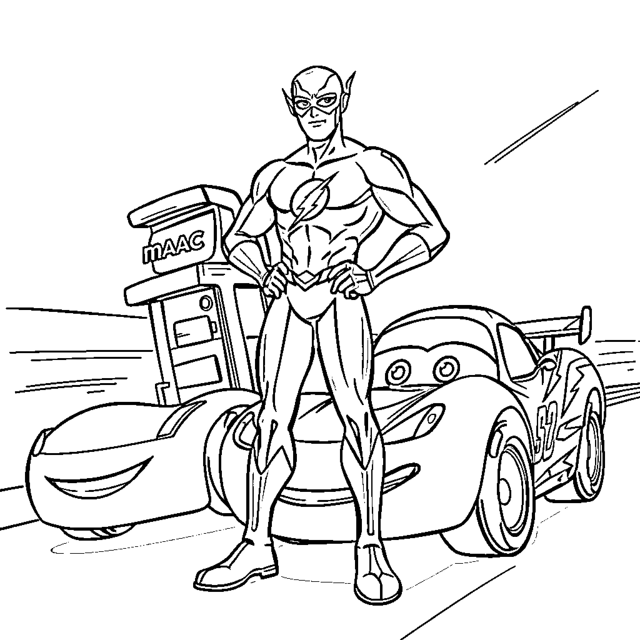 Flash Mac Queen's heroic pose with race car Coloring Page (free black-and-white line drawing printable PDF for all, from beginners to advanced learners, including children, teens, adults, and seniors)