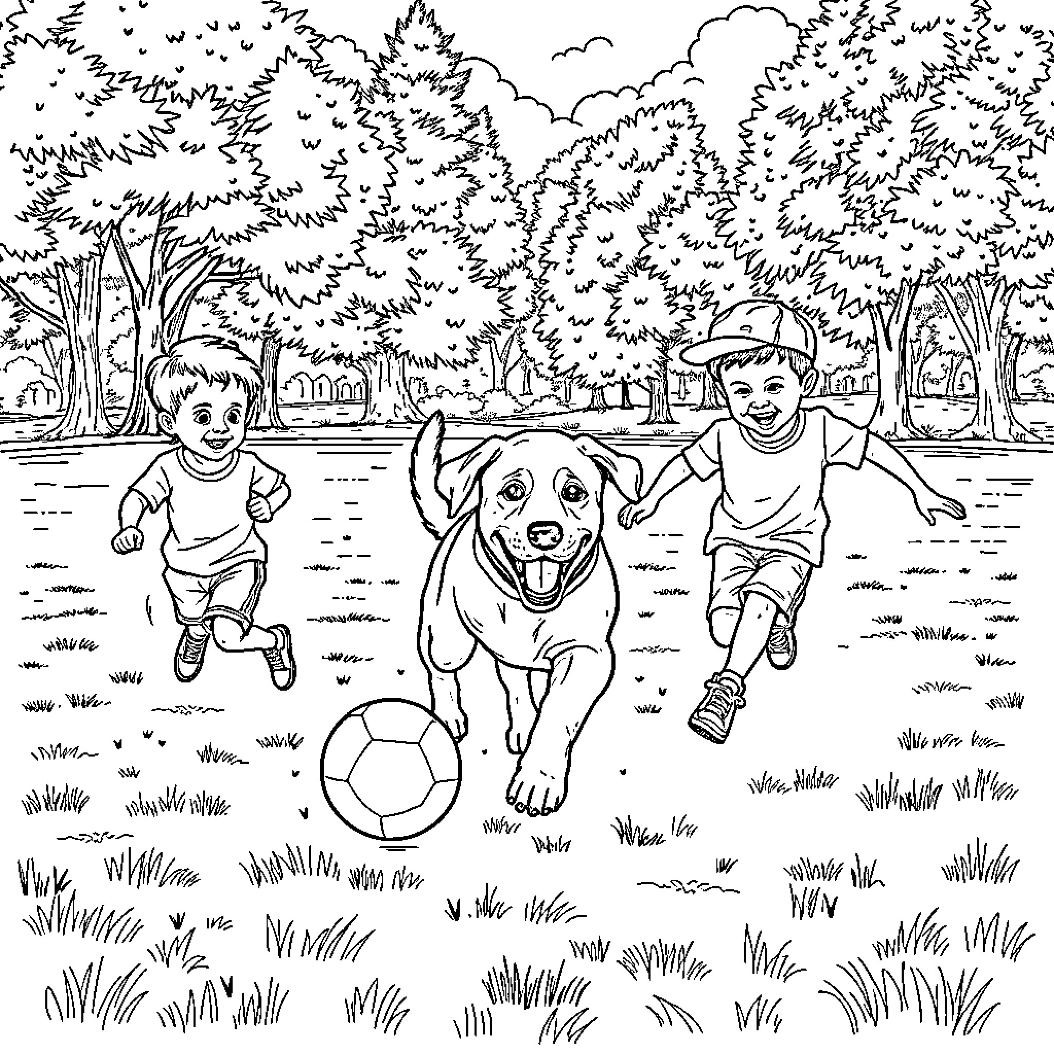 Labrador playing with children in the park Coloring Page (free black-and-white line drawing printable PDF for all, from beginners to advanced learners, including children, teens, adults, and seniors)