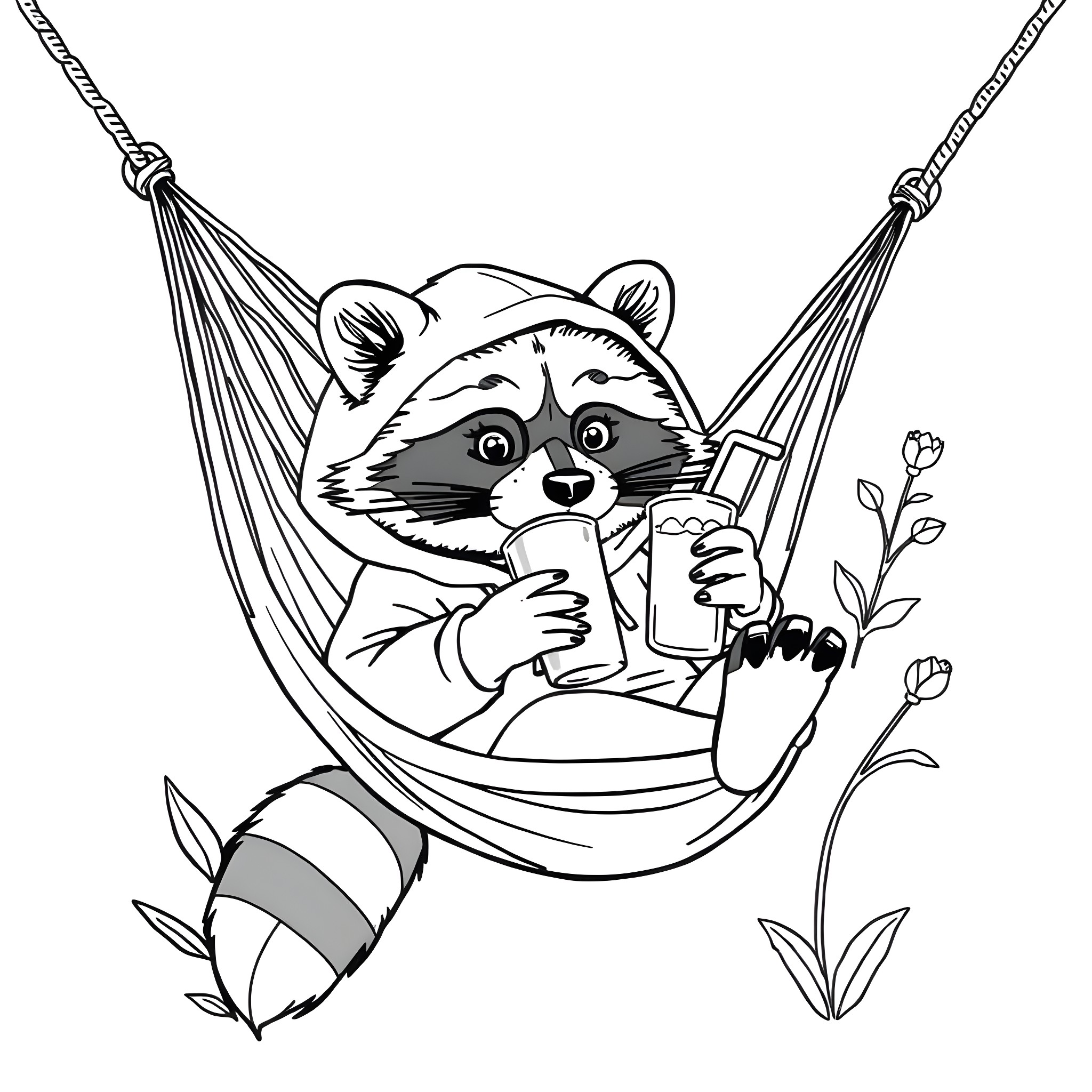 Raccoon resting comfortably in hammock with drink Coloring Page (free black-and-white line drawing printable PDF for all, from beginners to advanced learners, including children, teens, adults, and seniors)
