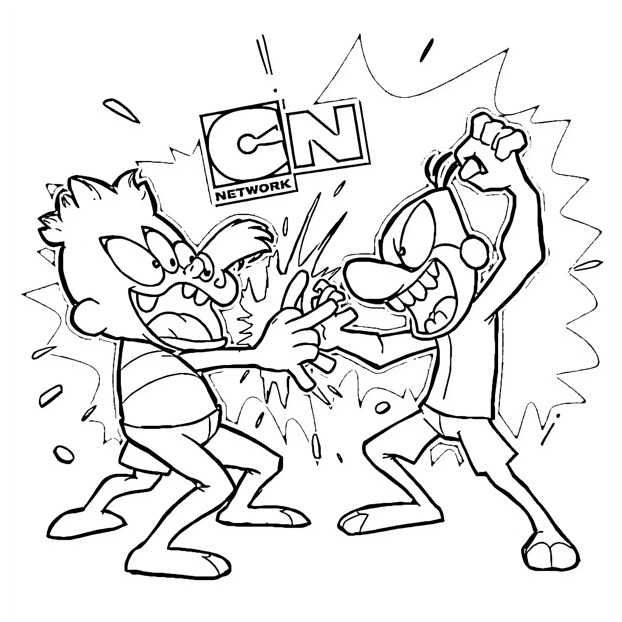 Cartoon Network characters in comical scuffle Coloring Page (free black-and-white line drawing printable PDF for all, from beginners to advanced learners, including children, teens, adults, and seniors)