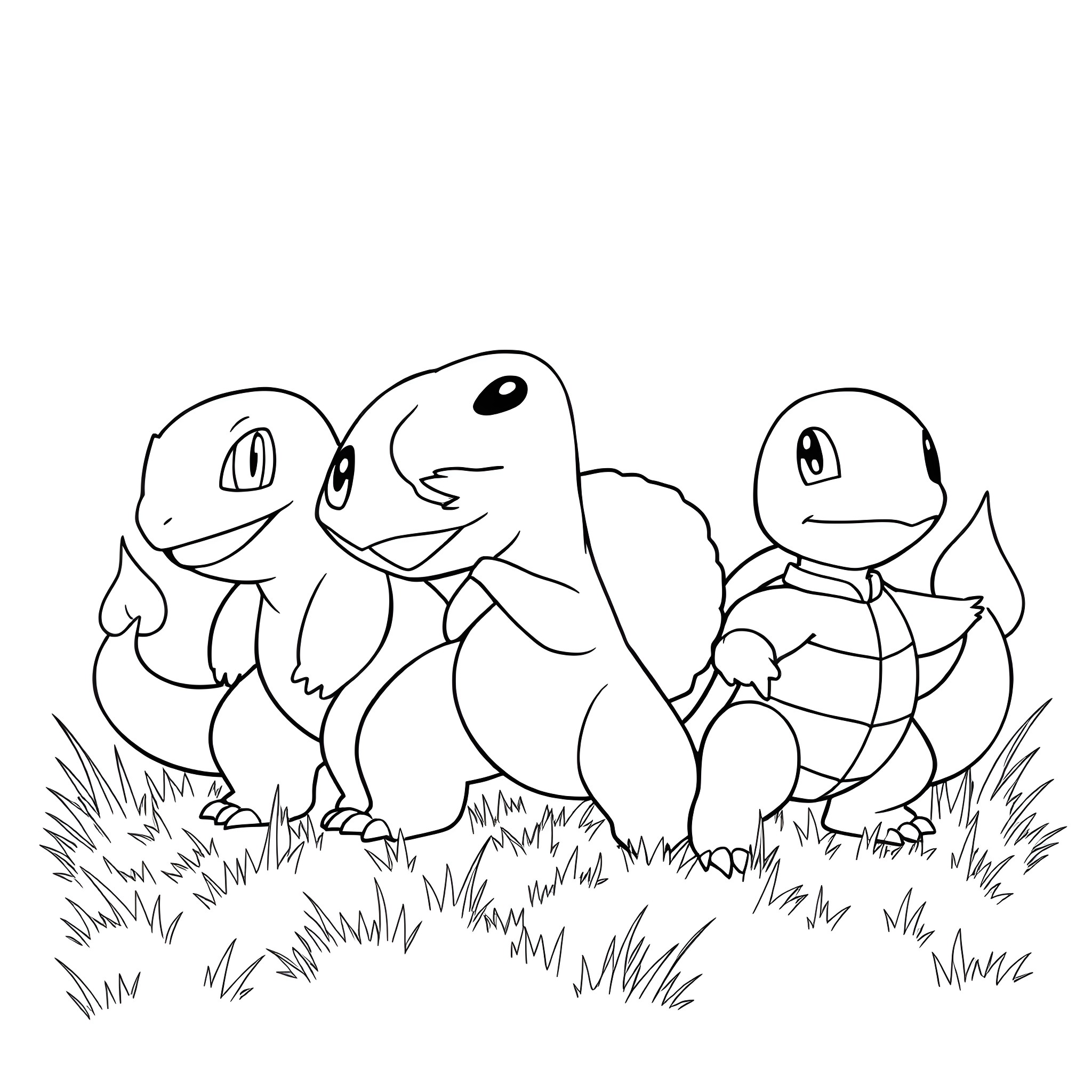 Pokémon characters posing together in a field Coloring Page (free black-and-white line drawing printable PDF for all, from beginners to advanced learners, including children, teens, adults, and seniors)