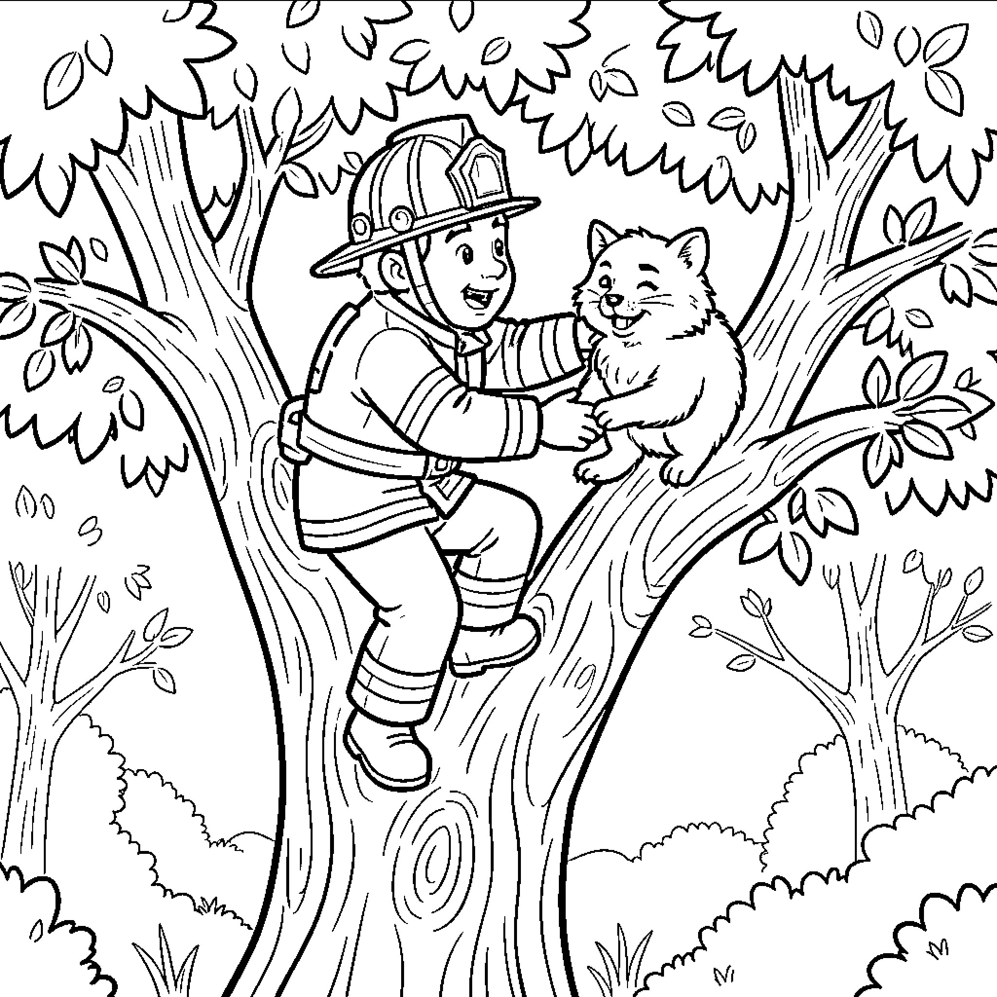Fireman Smurf rescuing a small kitten from a tree Coloring Page (free black-and-white line drawing printable PDF for all, from beginners to advanced learners, including children, teens, adults, and seniors)