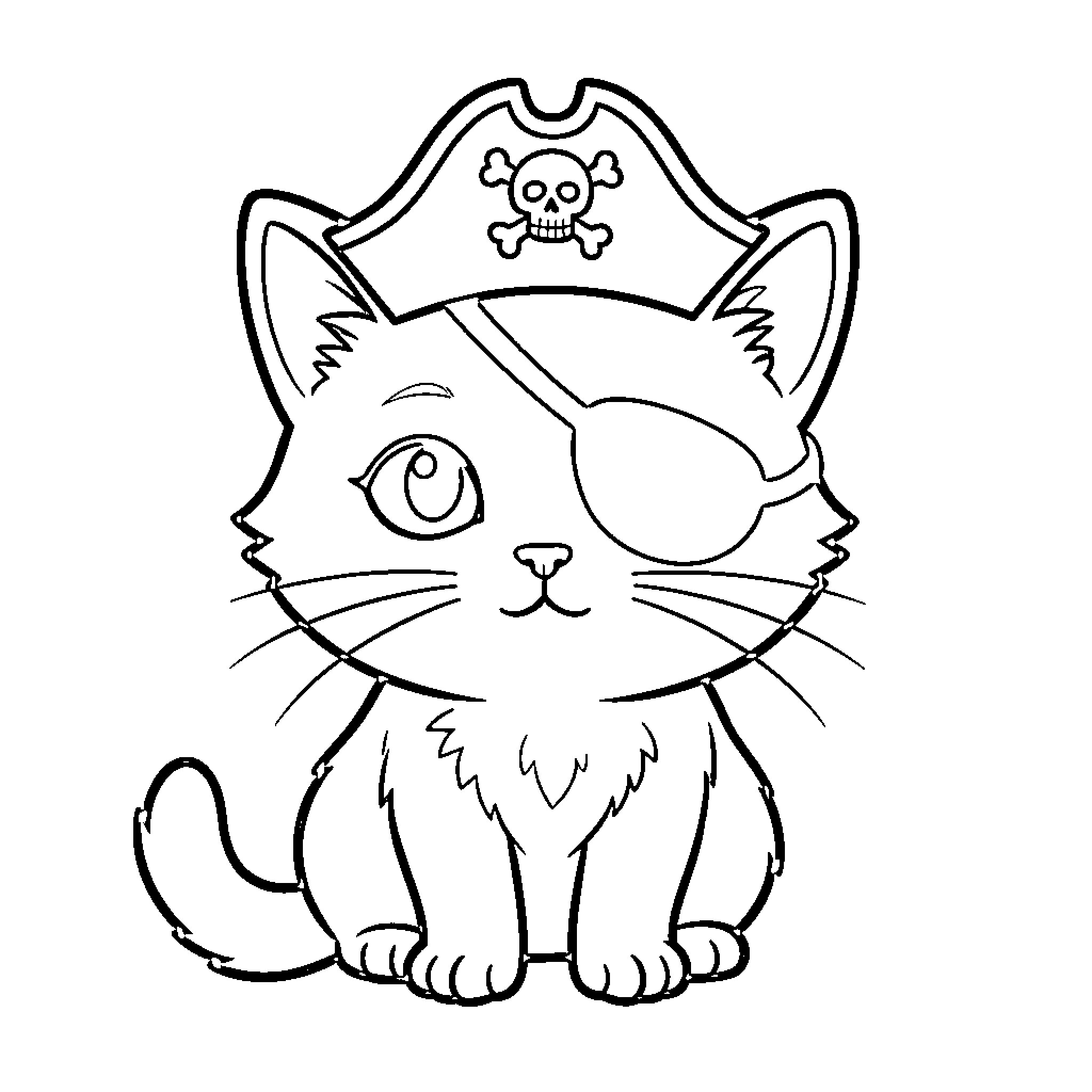 Kitty the Pirate Cat Coloring Page (free black-and-white line drawing printable PDF for all, from beginners to advanced learners, including children, teens, adults, and seniors)