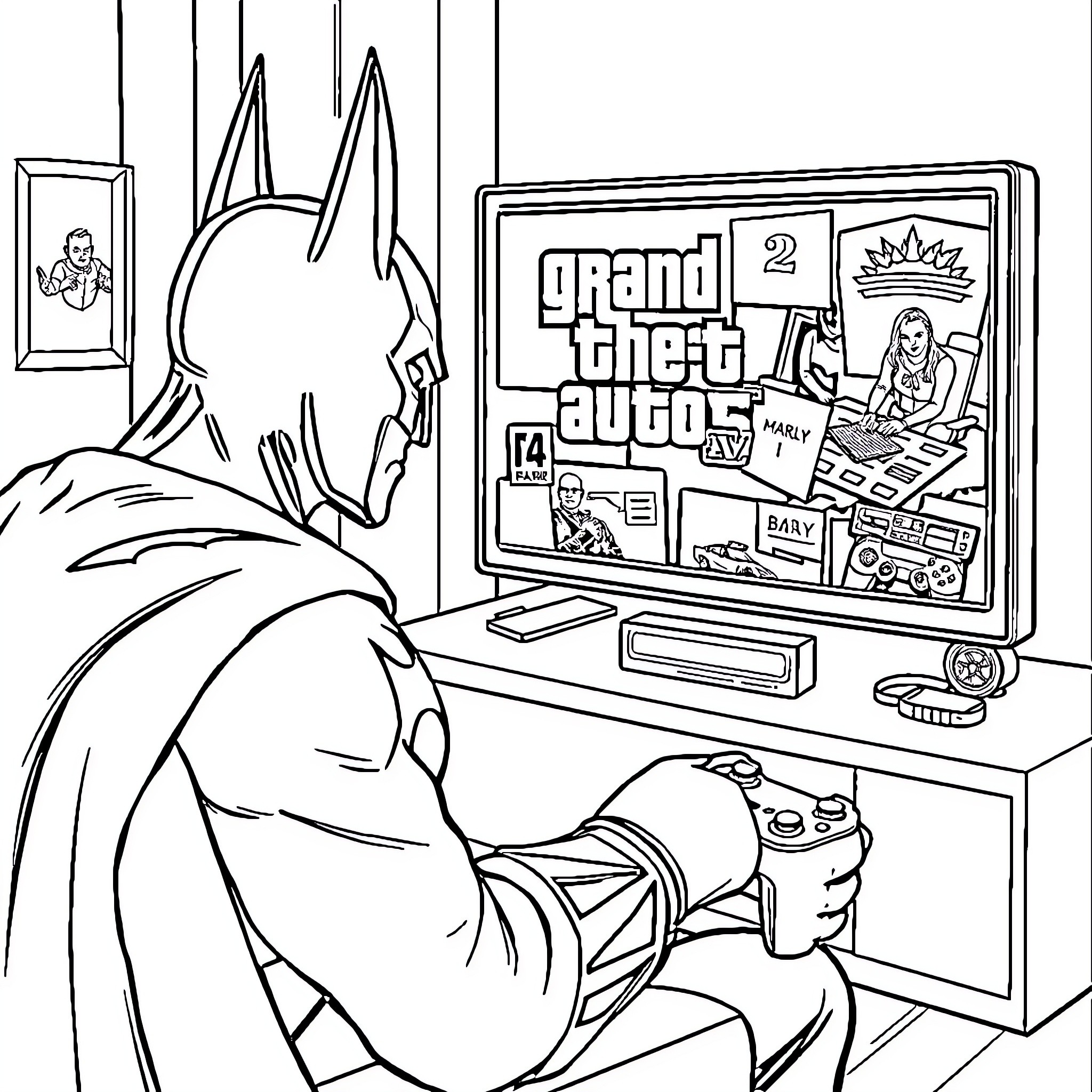 Batman enjoying a video game in his lair Coloring Page (free black-and-white line drawing printable PDF for all, from beginners to advanced learners, including children, teens, adults, and seniors)