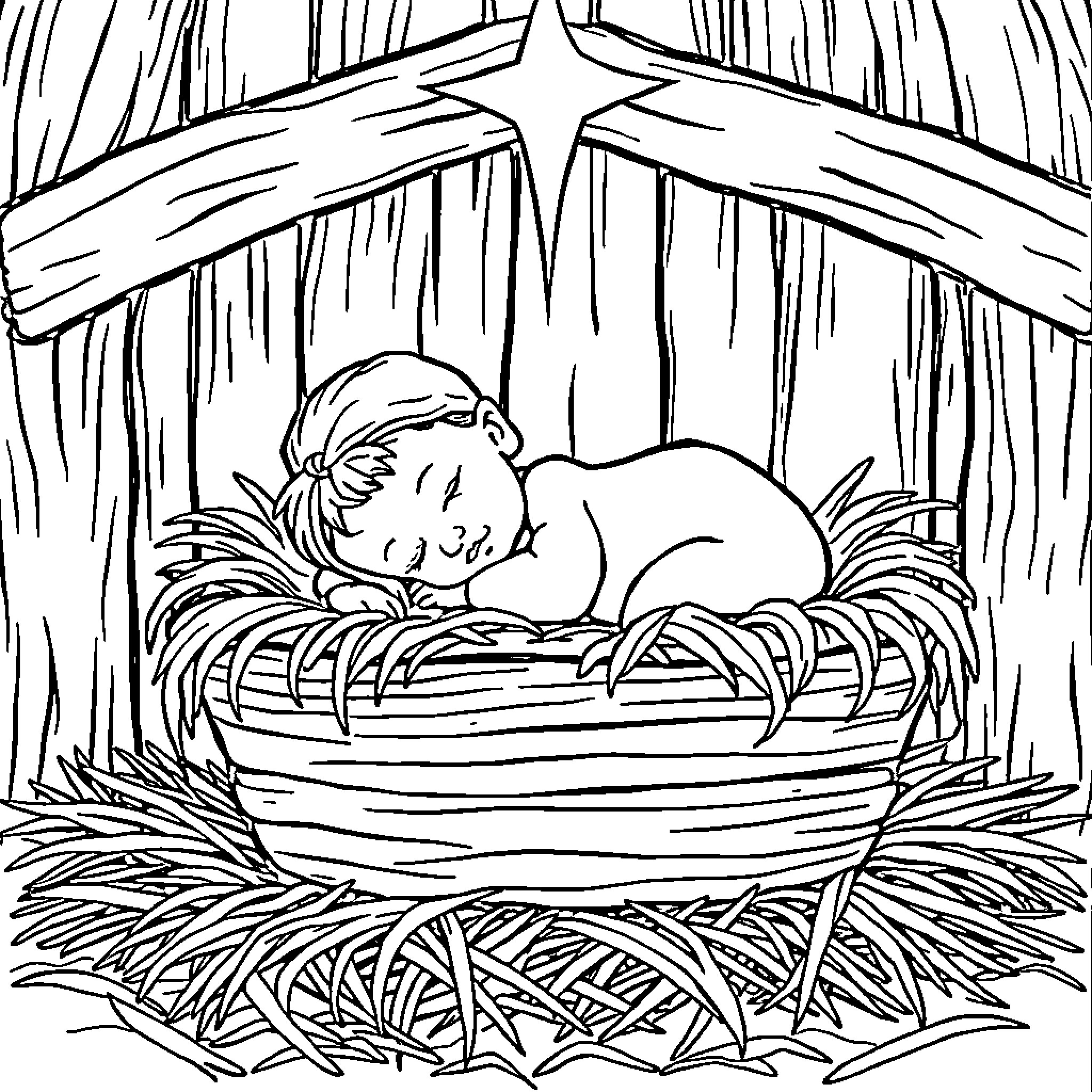 Jesus resting peacefully in a manger Coloring Page (free black-and-white line drawing printable PDF for all, from beginners to advanced learners, including children, teens, adults, and seniors)