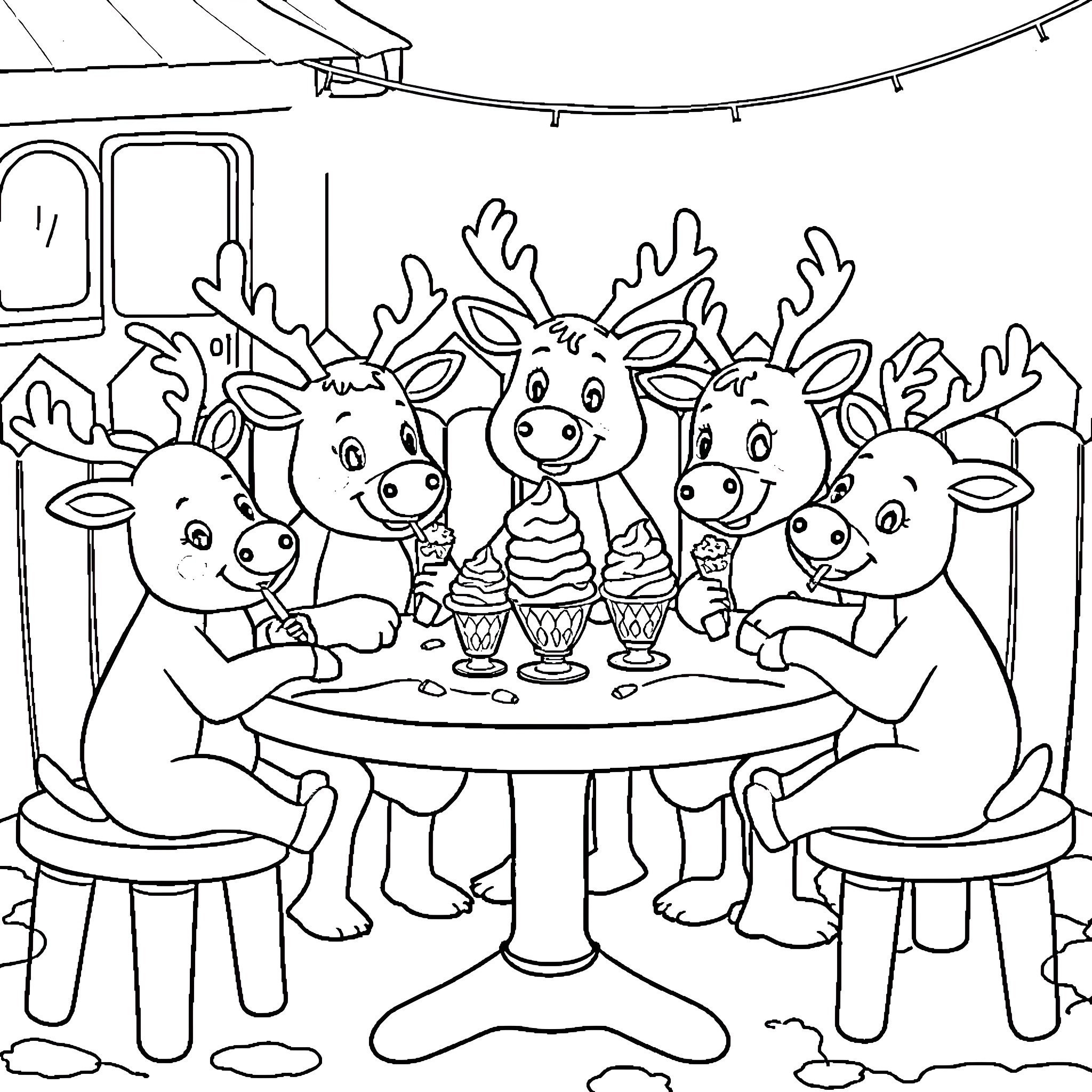 Reindeer having an ice cream party Coloring Page (free black-and-white line drawing printable PDF for all, from beginners to advanced learners, including children, teens, adults, and seniors)