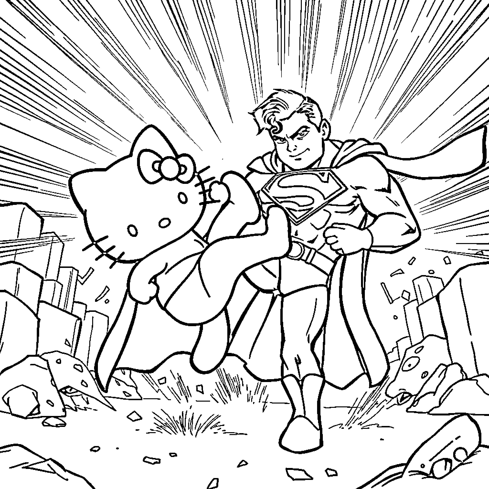 Hello Kitty superhero saves the city Coloring Page (free black-and-white line drawing printable PDF for all, from beginners to advanced learners, including children, teens, adults, and seniors)