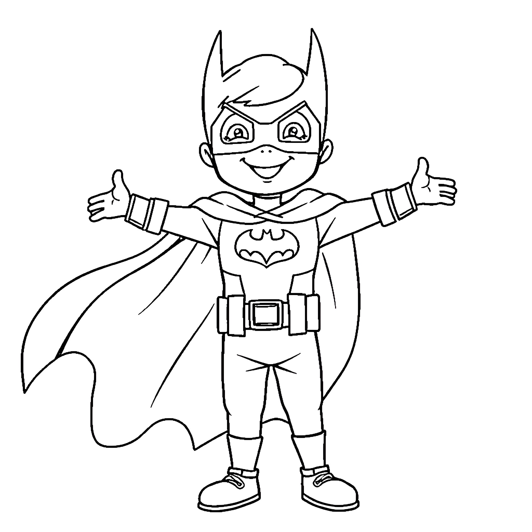 Kid Superhero Posing with Enthusiasm Coloring Page (free black-and-white line drawing printable PDF for all, from beginners to advanced learners, including children, teens, adults, and seniors)