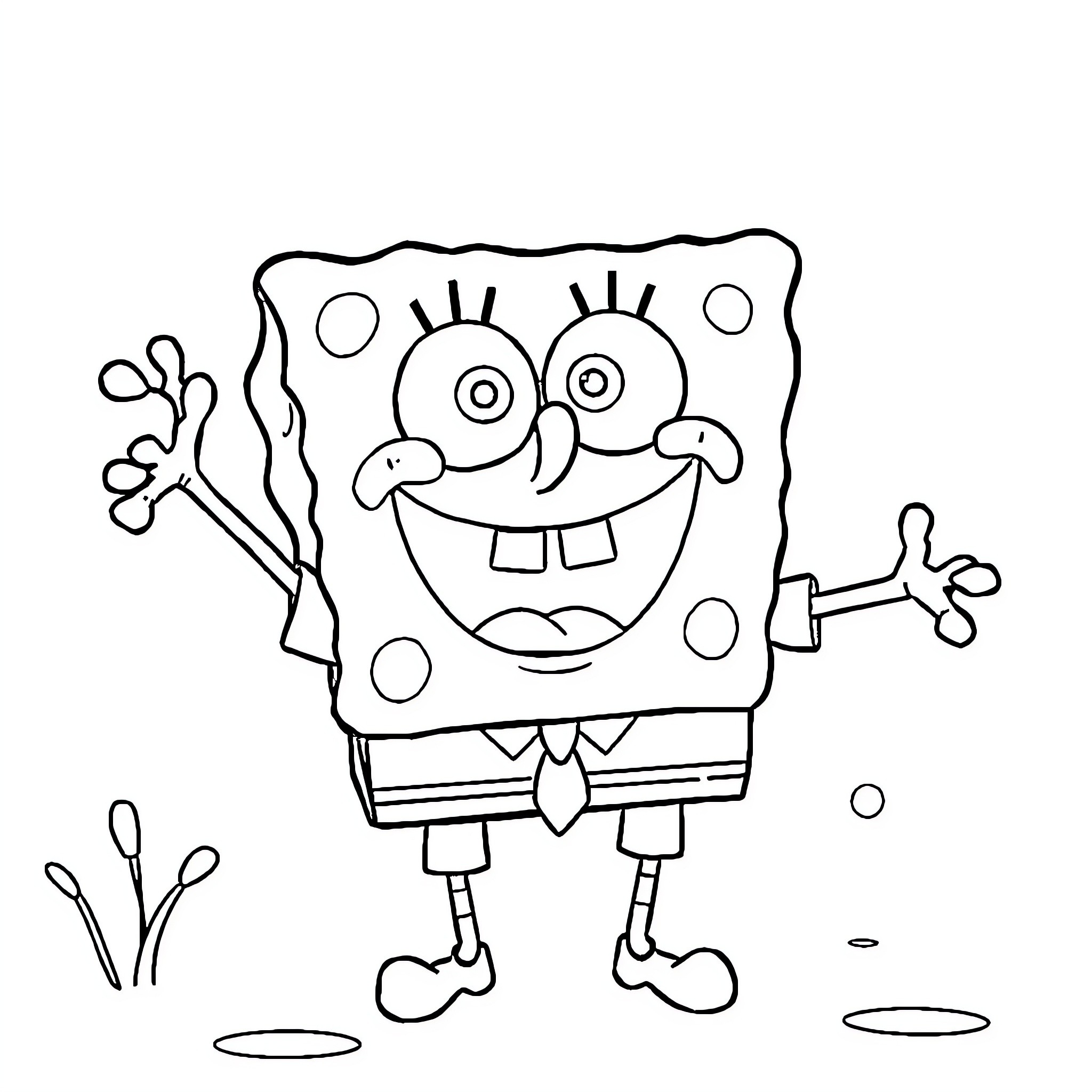 Bob esponja happily dancing with a silly expression Coloring Page (free black-and-white line drawing printable PDF for all, from beginners to advanced learners, including children, teens, adults, and seniors)