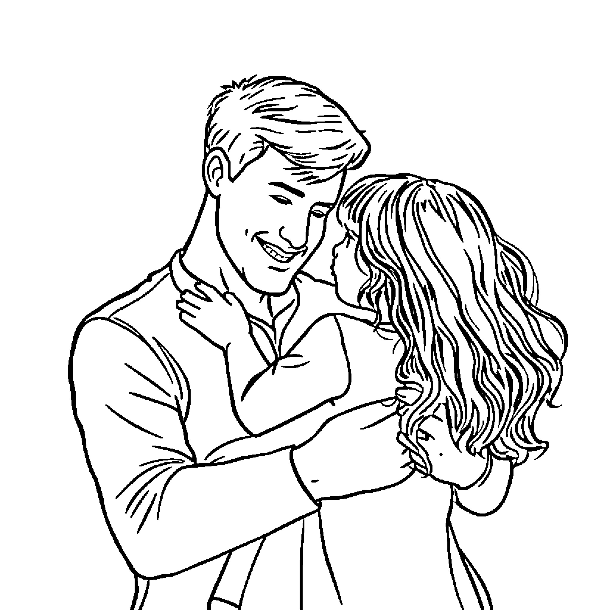 Father and daughter embracing affectionately Coloring Page (free black-and-white line drawing printable PDF for all, from beginners to advanced learners, including children, teens, adults, and seniors)