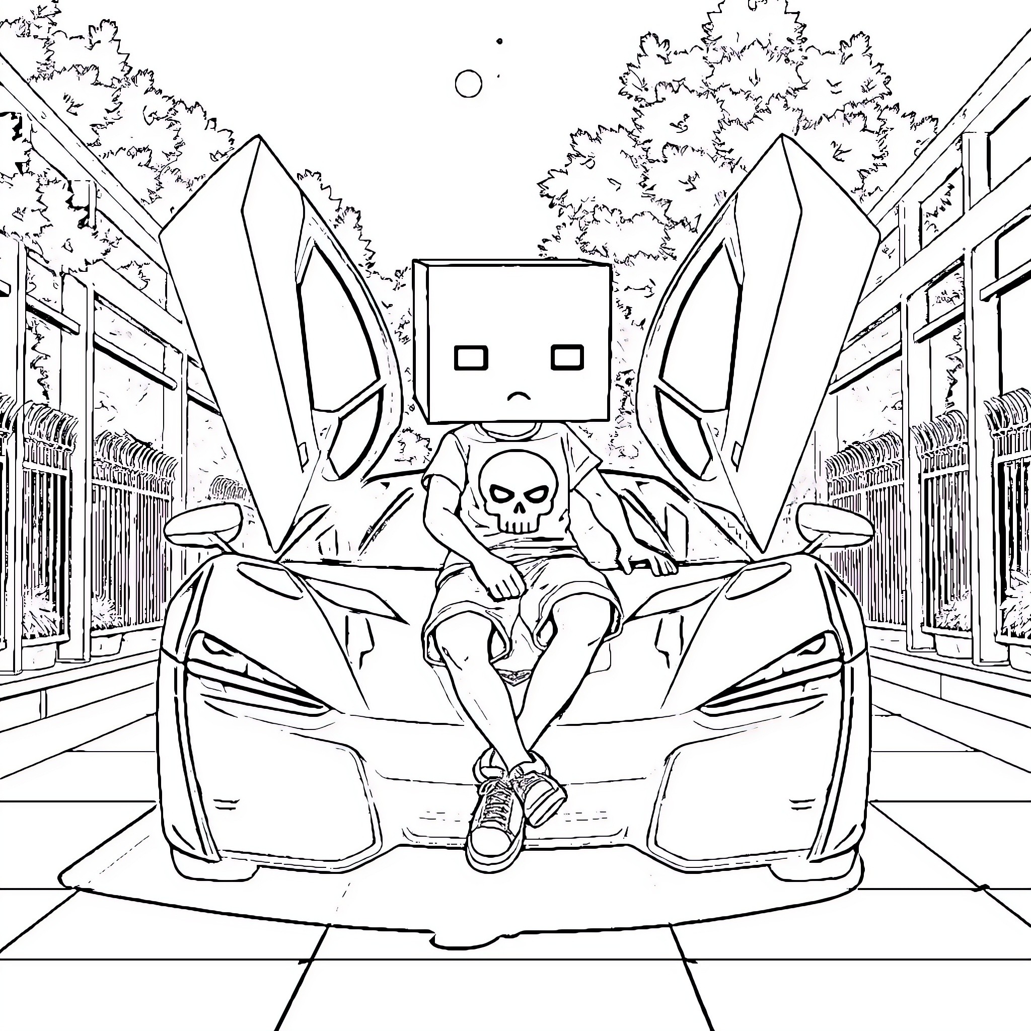 Character in a fantastical vehicle on a city street Coloring Page (free black-and-white line drawing printable PDF for all, from beginners to advanced learners, including children, teens, adults, and seniors)