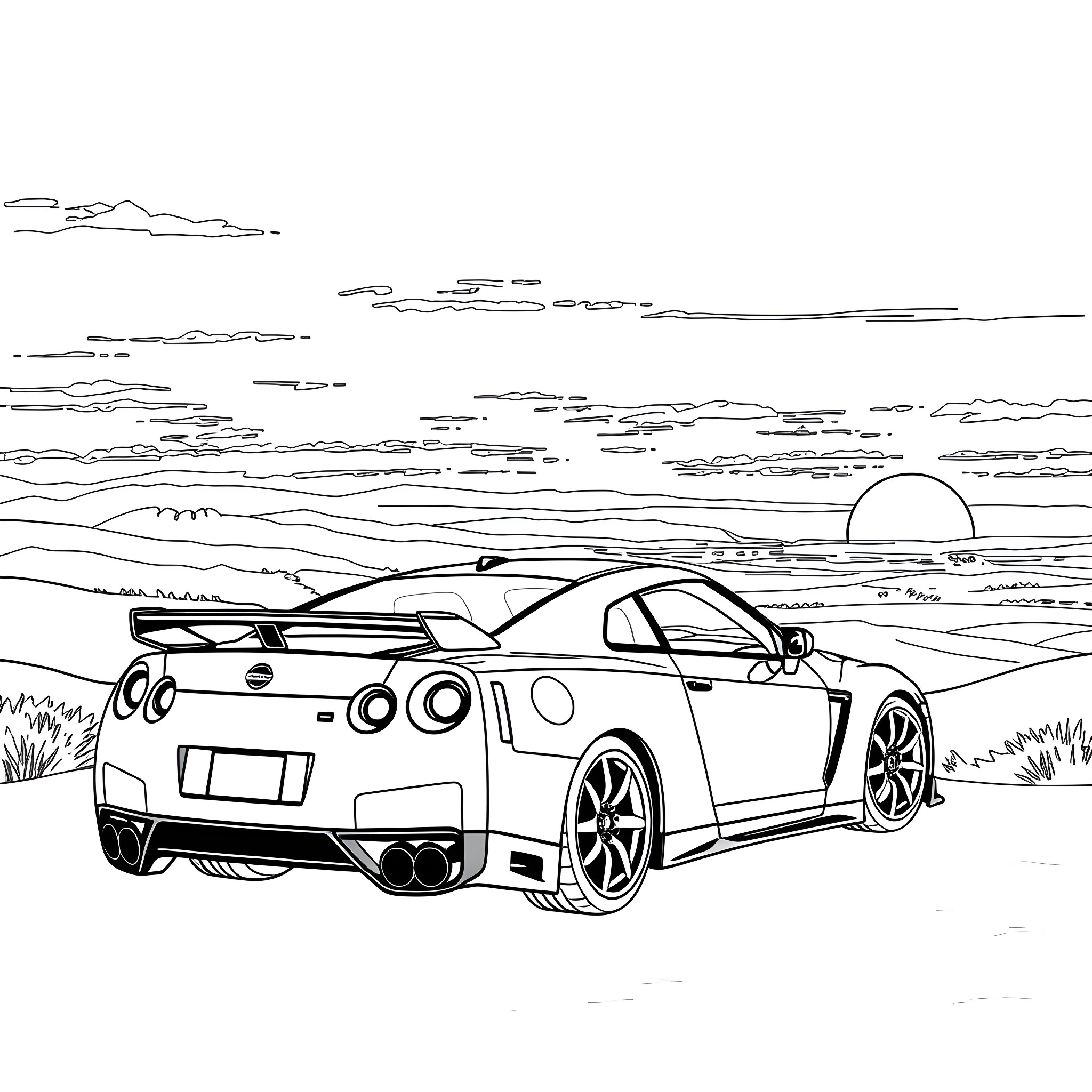 Nissan sports car speeding through scenic landscape Coloring Page (free black-and-white line drawing printable PDF for all, from beginners to advanced learners, including children, teens, adults, and seniors)