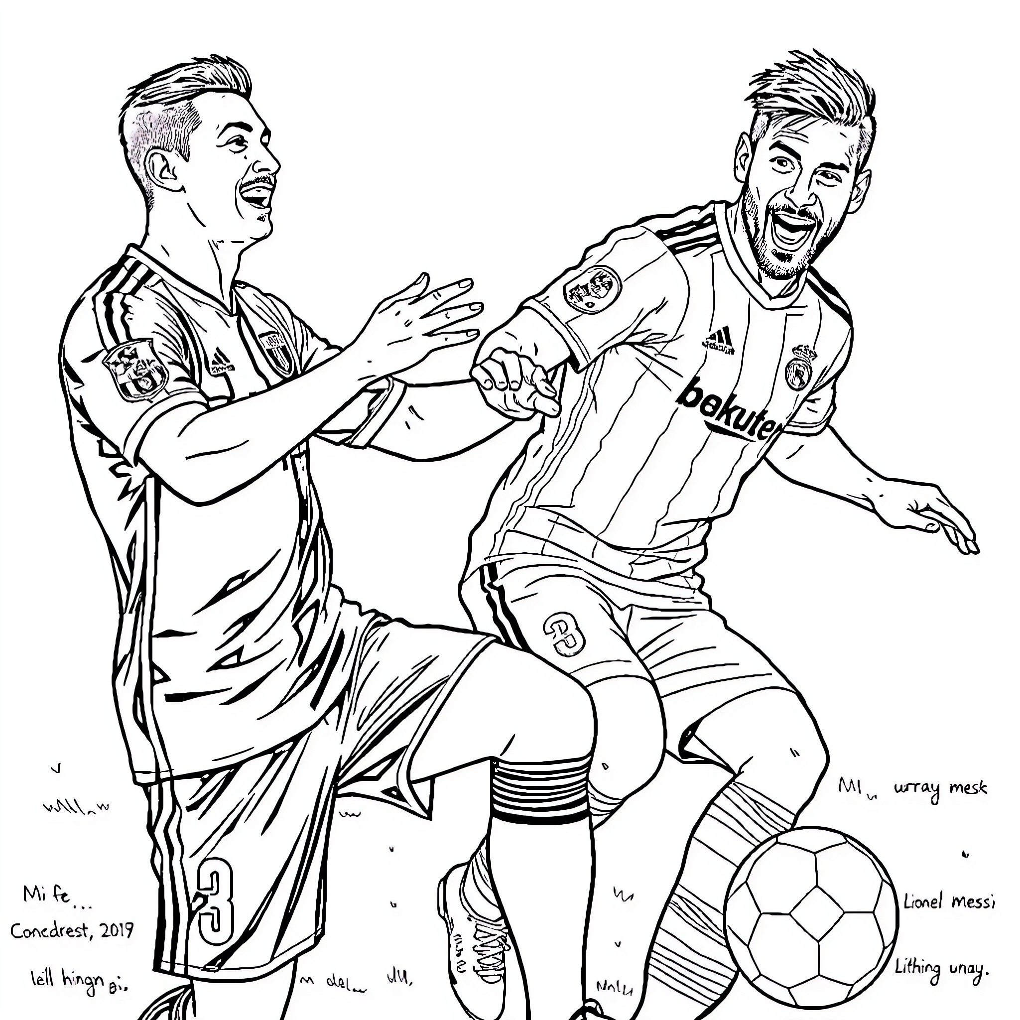 Cristiano Ronaldo and Lionel Messi Celebrating Football Victory Coloring Page (free black-and-white line drawing printable PDF for all, from beginners to advanced learners, including children, teens, adults, and seniors)