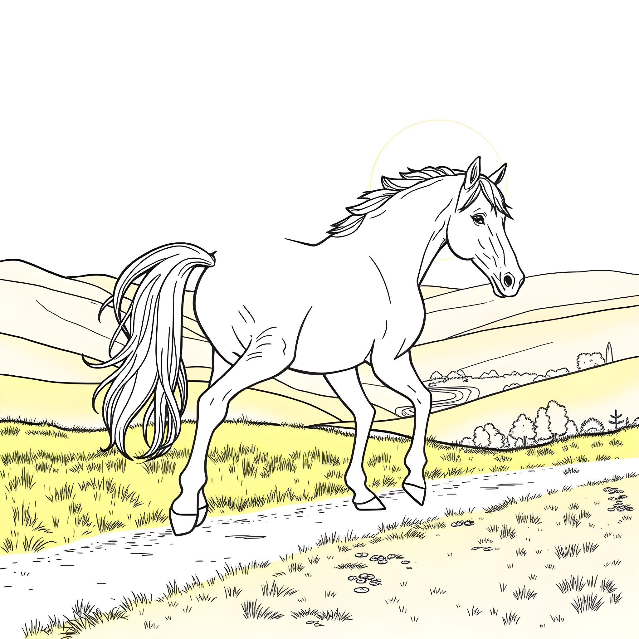 Tennessee Walking Horse galloping through scenic countryside Coloring Page (free black-and-white line drawing printable PDF for all, from beginners to advanced learners, including children, teens, adults, and seniors)