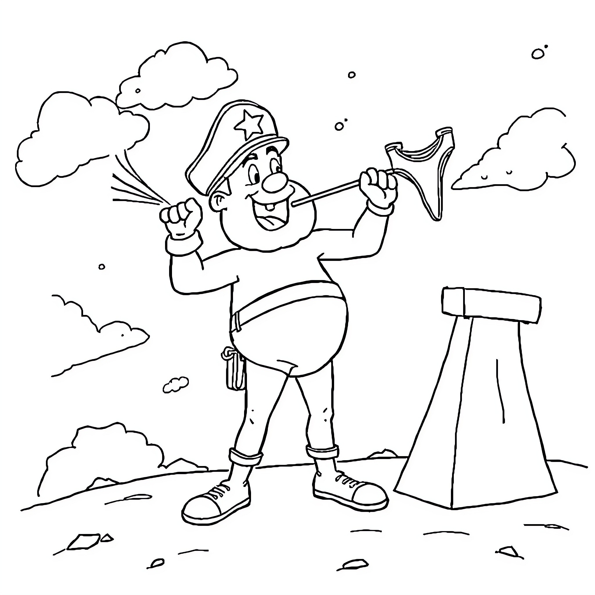Captain Underpants Playing with Slingshot in the Park Coloring Page (free black-and-white line drawing printable PDF for all, from beginners to advanced learners, including children, teens, adults, and seniors)