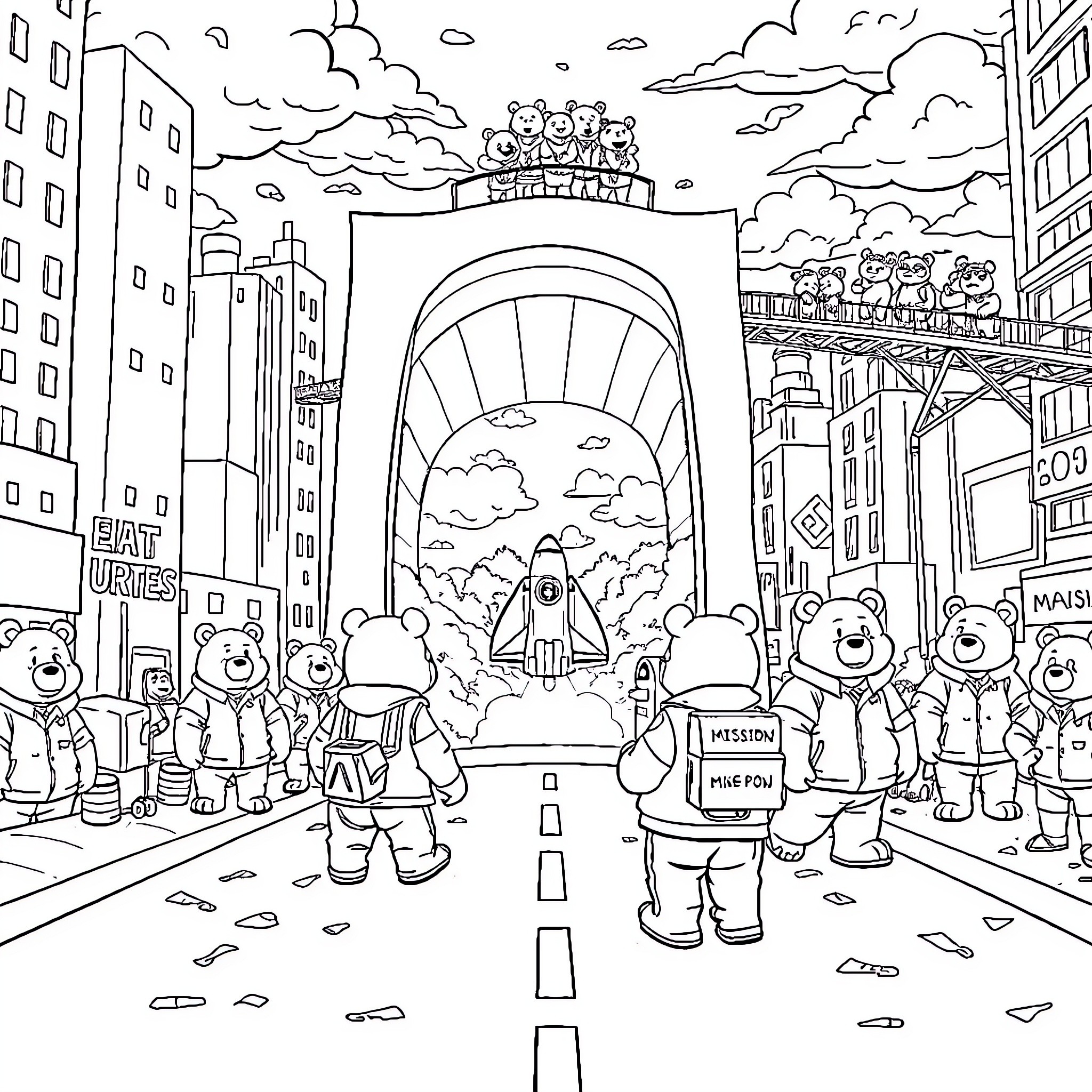 Bear family exploring the city streets Coloring Page (free black-and-white line drawing printable PDF for all, from beginners to advanced learners, including children, teens, adults, and seniors)