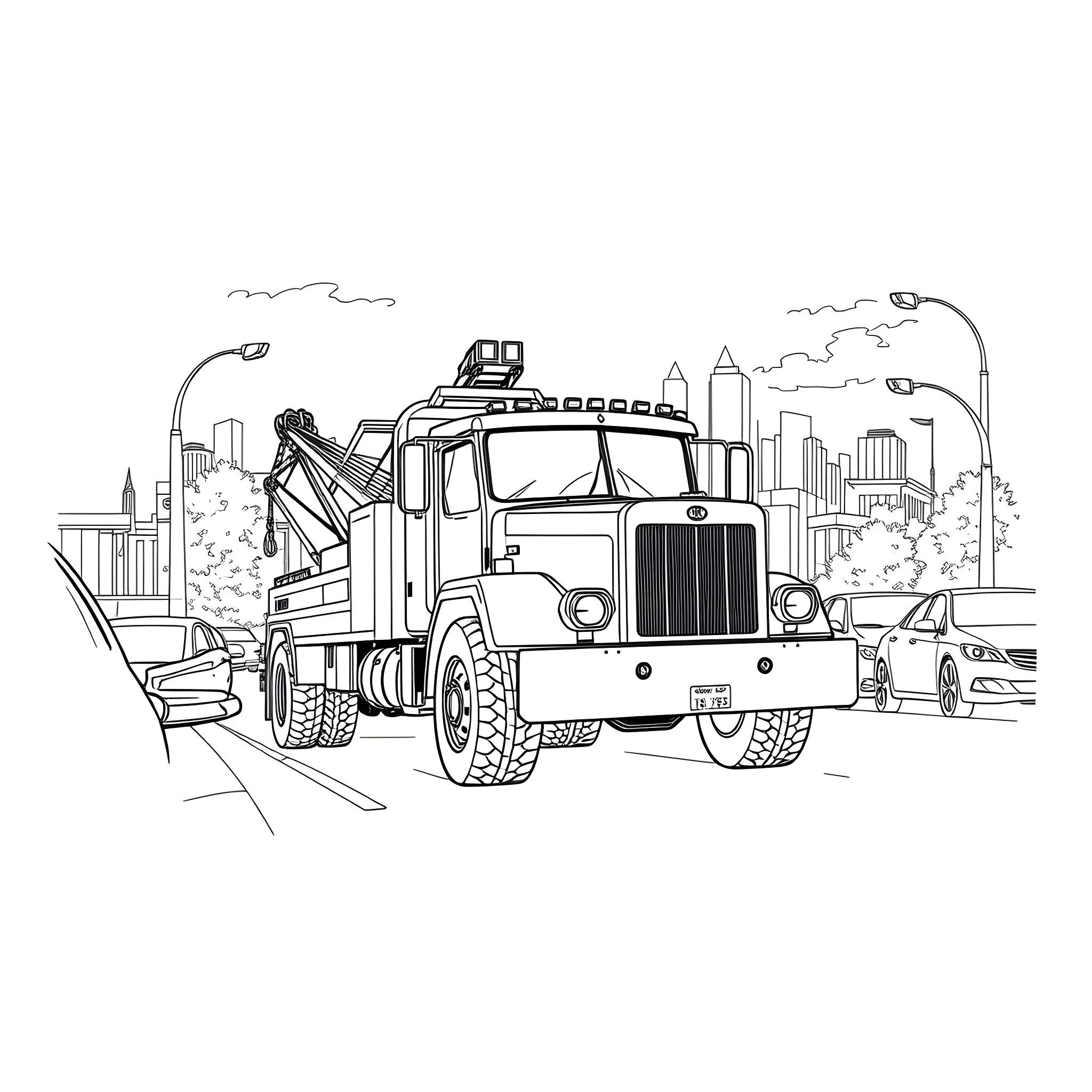 Tow Truck Assisting Stranded Vehicle on City Street Coloring Page (free black-and-white line drawing printable PDF for all, from beginners to advanced learners, including children, teens, adults, and seniors)