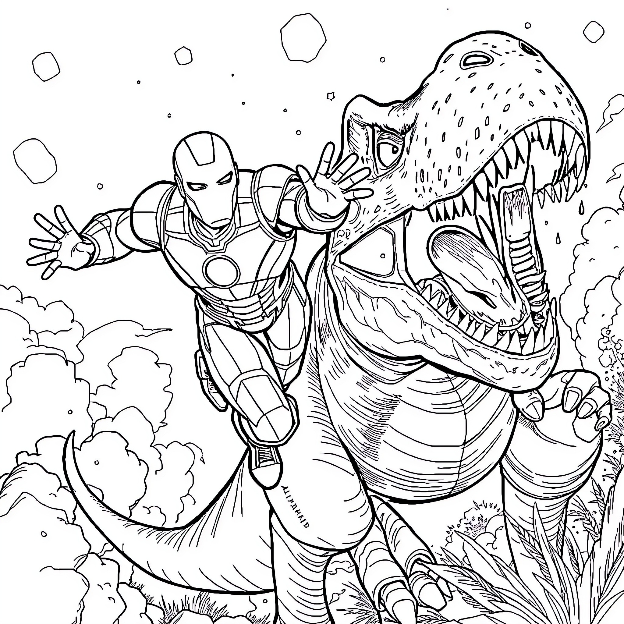 Iron Man battles a giant dinosaur creature Coloring Page (free black-and-white line drawing printable PDF for all, from beginners to advanced learners, including children, teens, adults, and seniors)