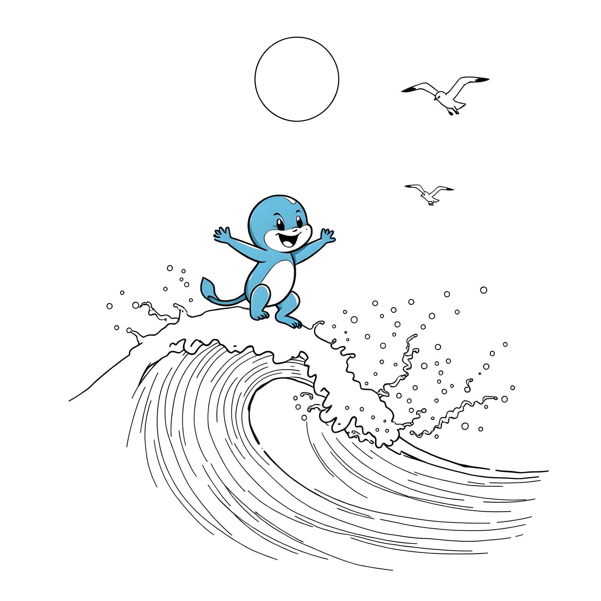 Bluey surfing on a big wave happily Coloring Page (free black-and-white line drawing printable PDF for all, from beginners to advanced learners, including children, teens, adults, and seniors)