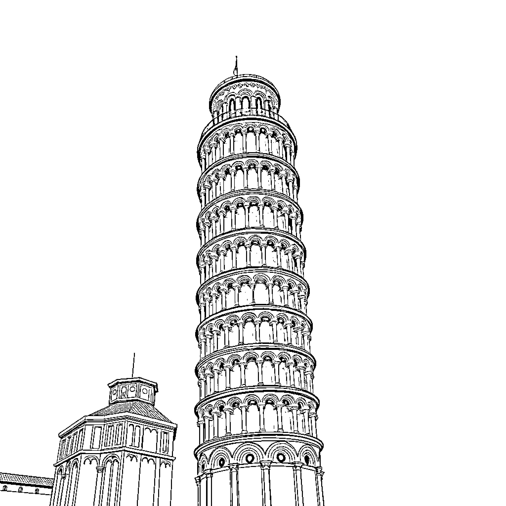 Leaning Tower showcasing its architectural splendor Coloring Page (free black-and-white line drawing printable PDF for all, from beginners to advanced learners, including children, teens, adults, and seniors)