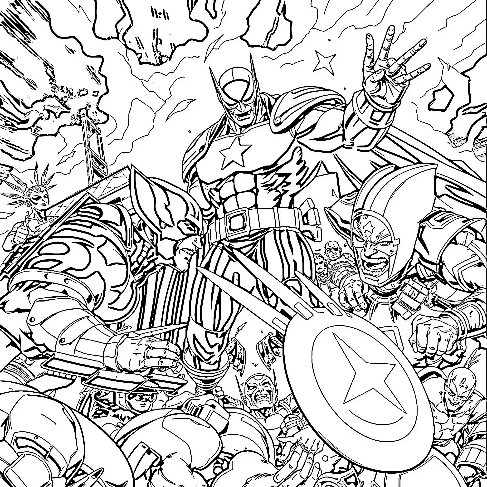 X-Men Heroes Assembled in Epic Battle Coloring Page (free black-and-white line drawing printable PDF for all, from beginners to advanced learners, including children, teens, adults, and seniors)