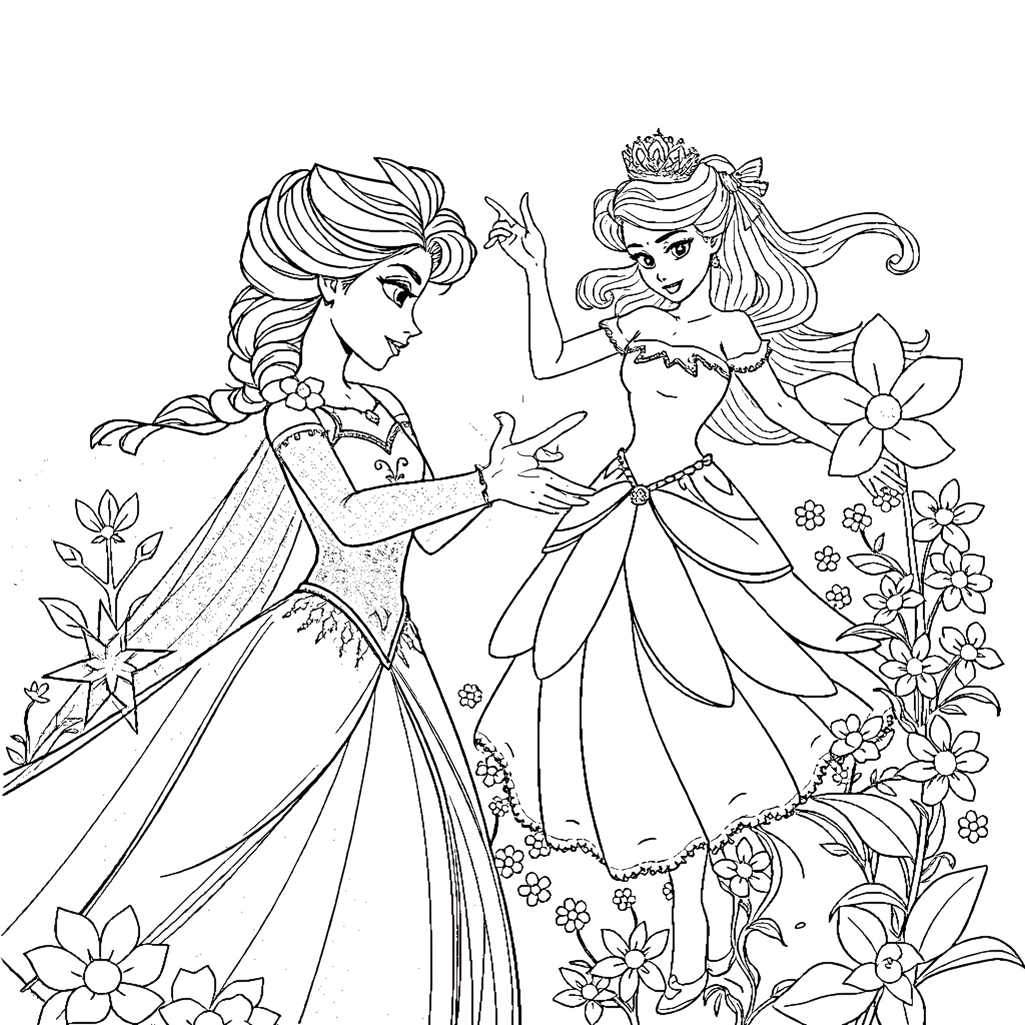 Elsa and Anna in Floral Garden Dresses Coloring Page (free black-and-white line drawing printable PDF for all, from beginners to advanced learners, including children, teens, adults, and seniors)