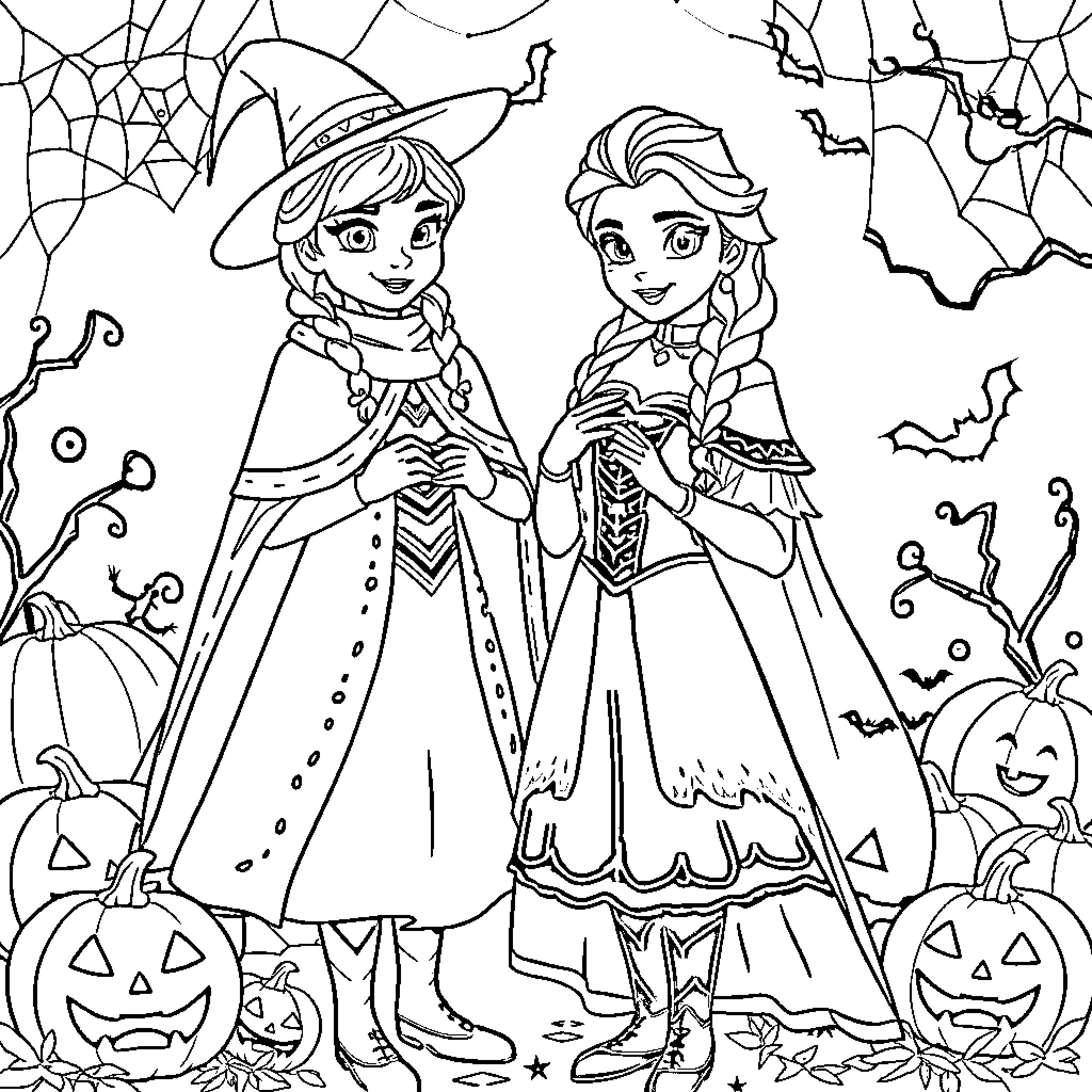 Anna and Elsa's Spooky Halloween Celebration Coloring Page (free black-and-white line drawing printable PDF for all, from beginners to advanced learners, including children, teens, adults, and seniors)