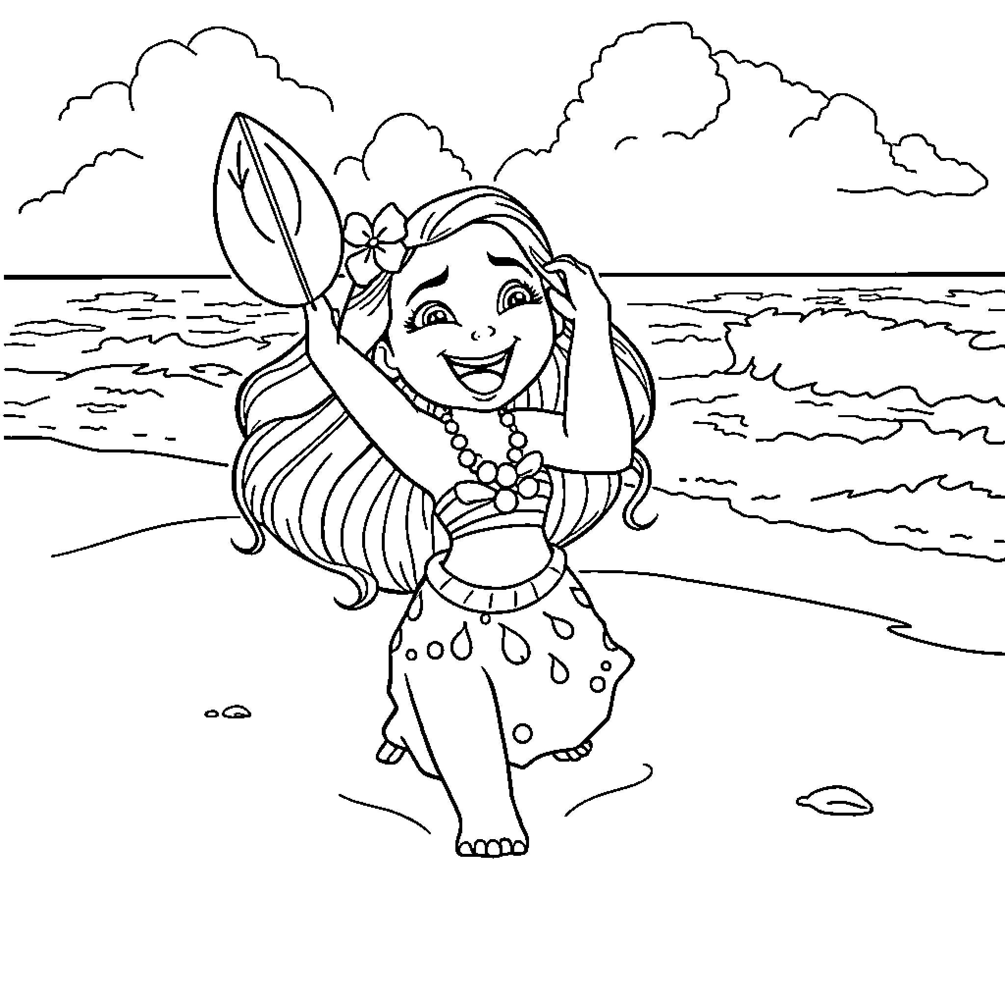 Moana enjoying the beach with a happy expression Coloring Page (free black-and-white line drawing printable PDF for all, from beginners to advanced learners, including children, teens, adults, and seniors)