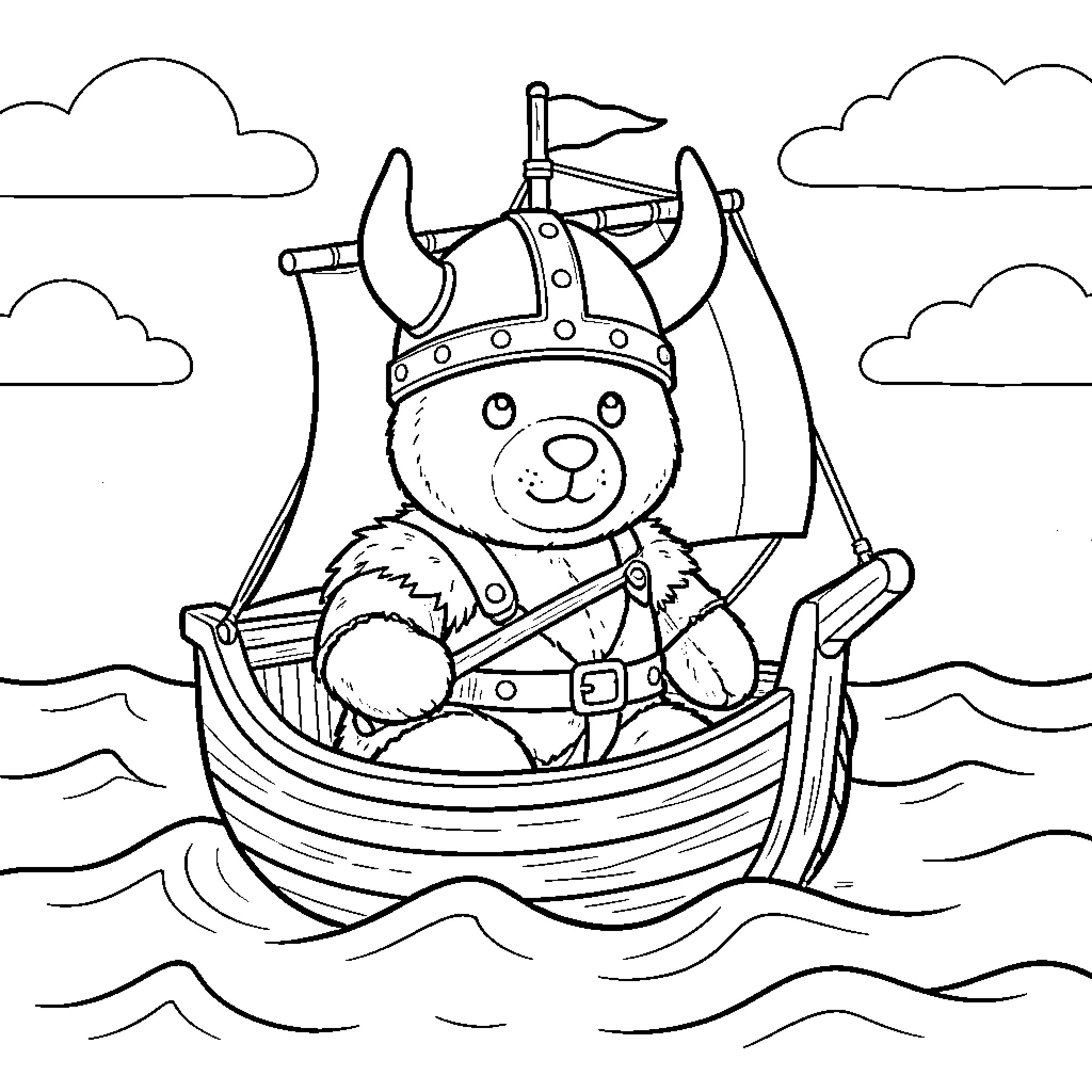 Teddy Bear Viking on a Sailing Ship Coloring Page (free black-and-white line drawing printable PDF for all, from beginners to advanced learners, including children, teens, adults, and seniors)