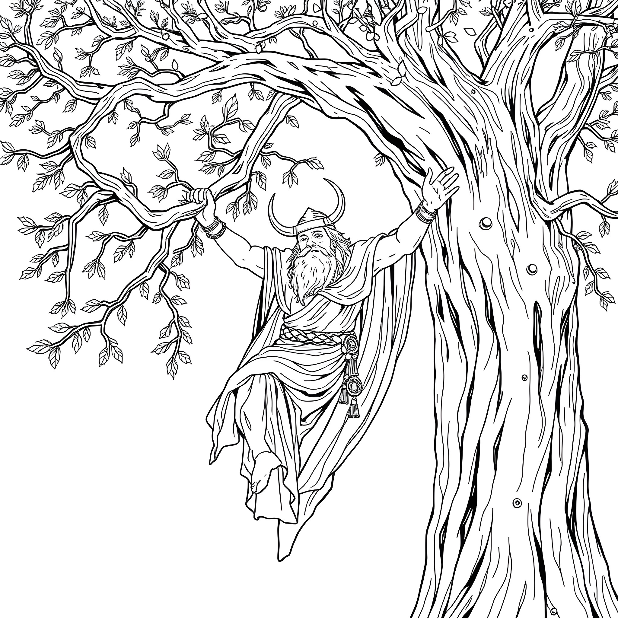 Odin Presiding over the Mystic Tree Coloring Page (free black-and-white line drawing printable PDF for all, from beginners to advanced learners, including children, teens, adults, and seniors)