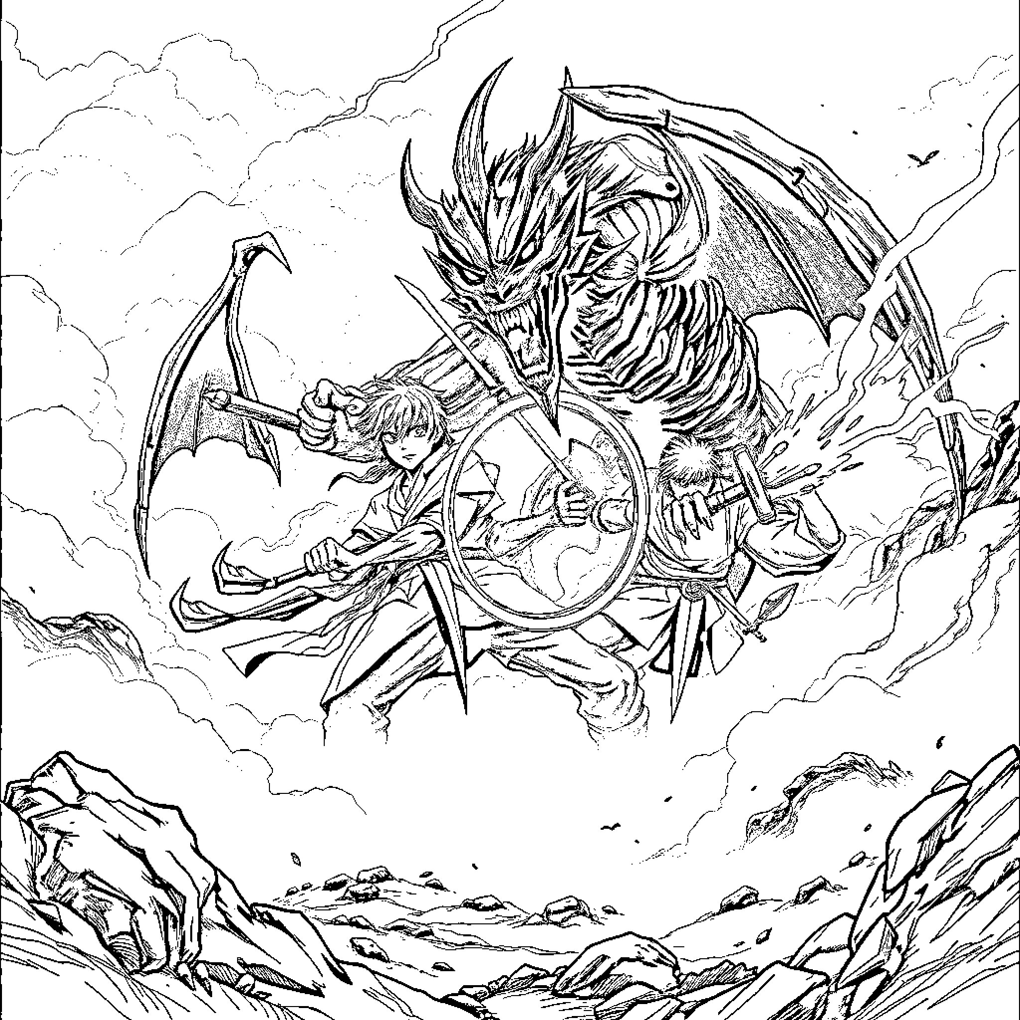 Saja Boy Battles Fierce Mythical Creature Coloring Page (free black-and-white line drawing printable PDF for all, from beginners to advanced learners, including children, teens, adults, and seniors)