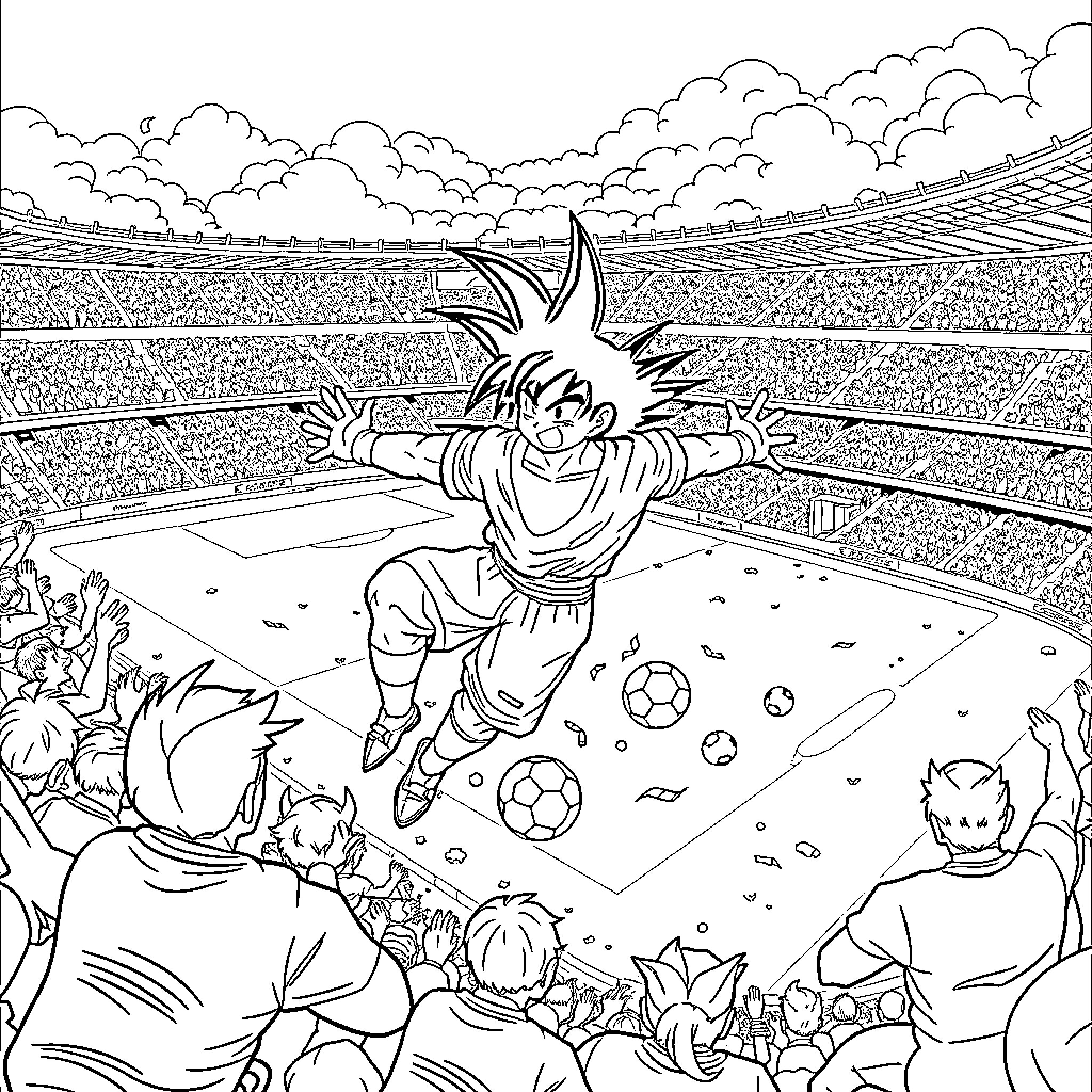 Son Goku Celebrating Soccer Victory in Stadium Coloring Page (free black-and-white line drawing printable PDF for all, from beginners to advanced learners, including children, teens, adults, and seniors)