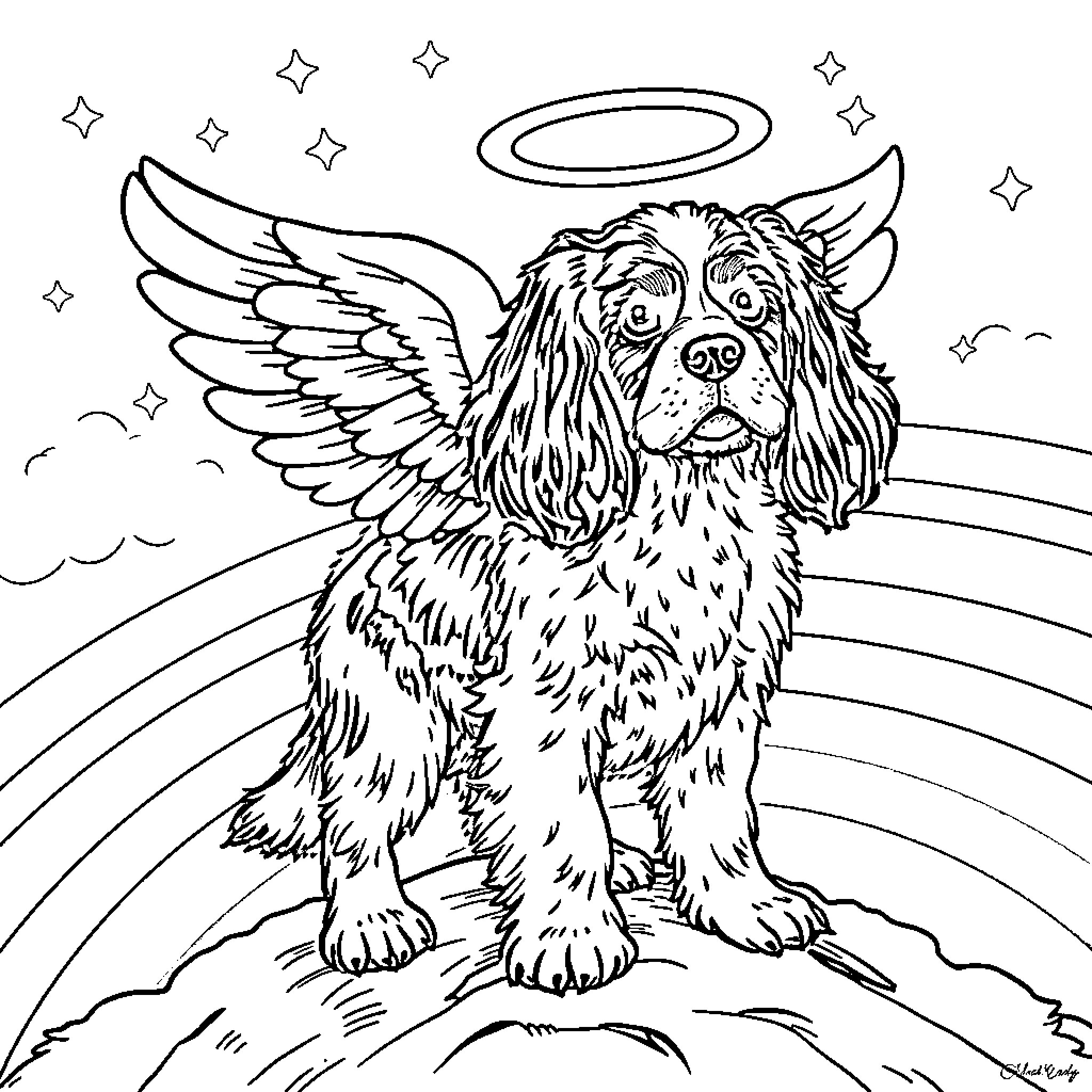 King Charles Cavalier Spaniel with angelic wings and halo Coloring Page (free black-and-white line drawing printable PDF for all, from beginners to advanced learners, including children, teens, adults, and seniors)
