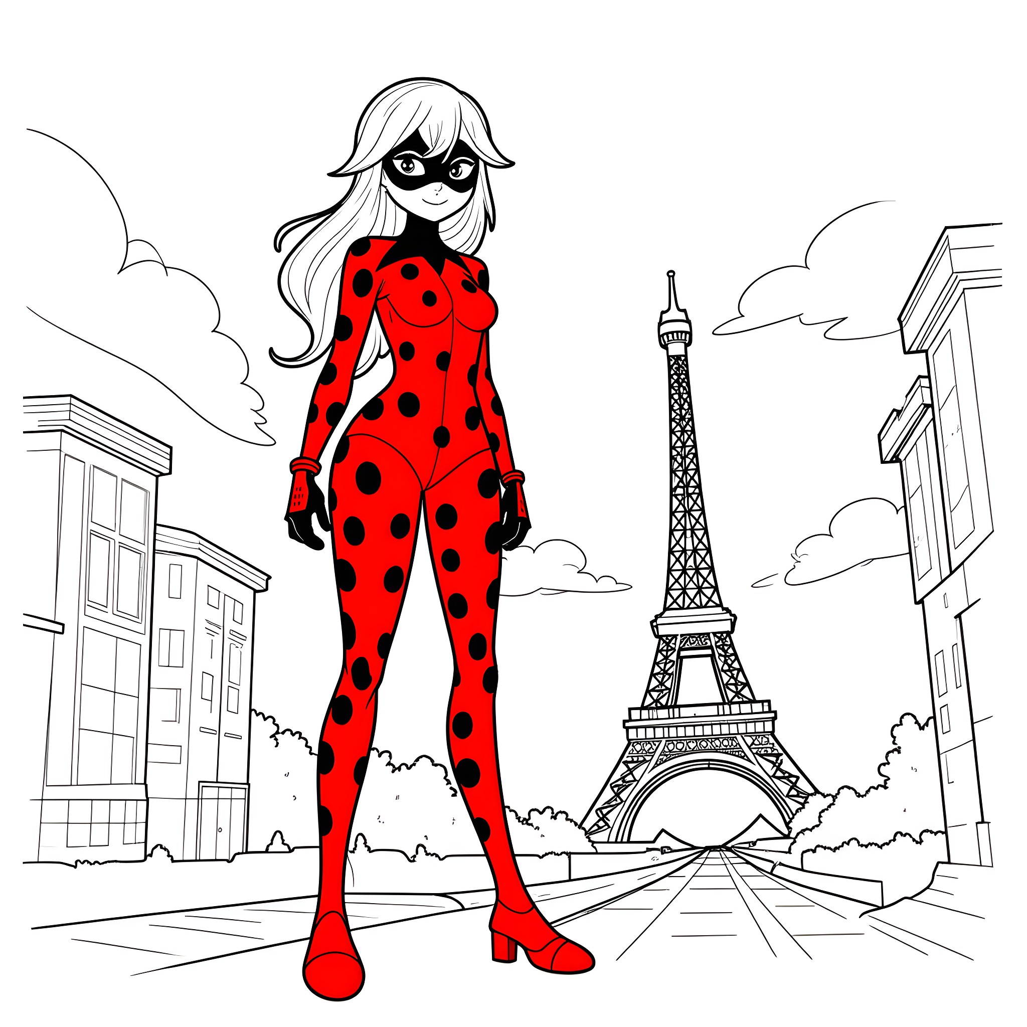 Ladybug-themed fashionista in Paris Coloring Page (free black-and-white line drawing printable PDF for all, from beginners to advanced learners, including children, teens, adults, and seniors)