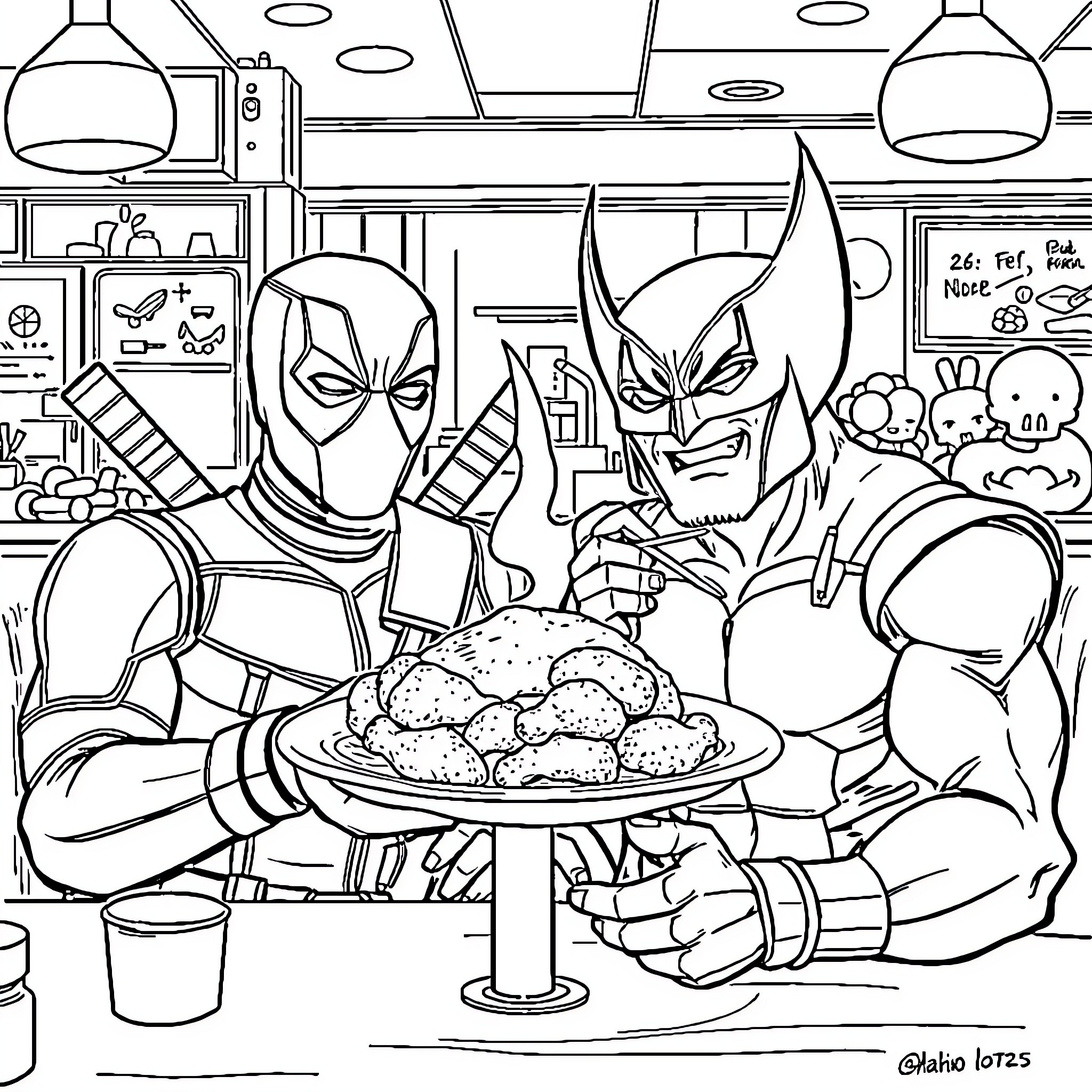 Deadpool and Wolverine's Monstrous Feast Coloring Page (free black-and-white line drawing printable PDF for all, from beginners to advanced learners, including children, teens, adults, and seniors)