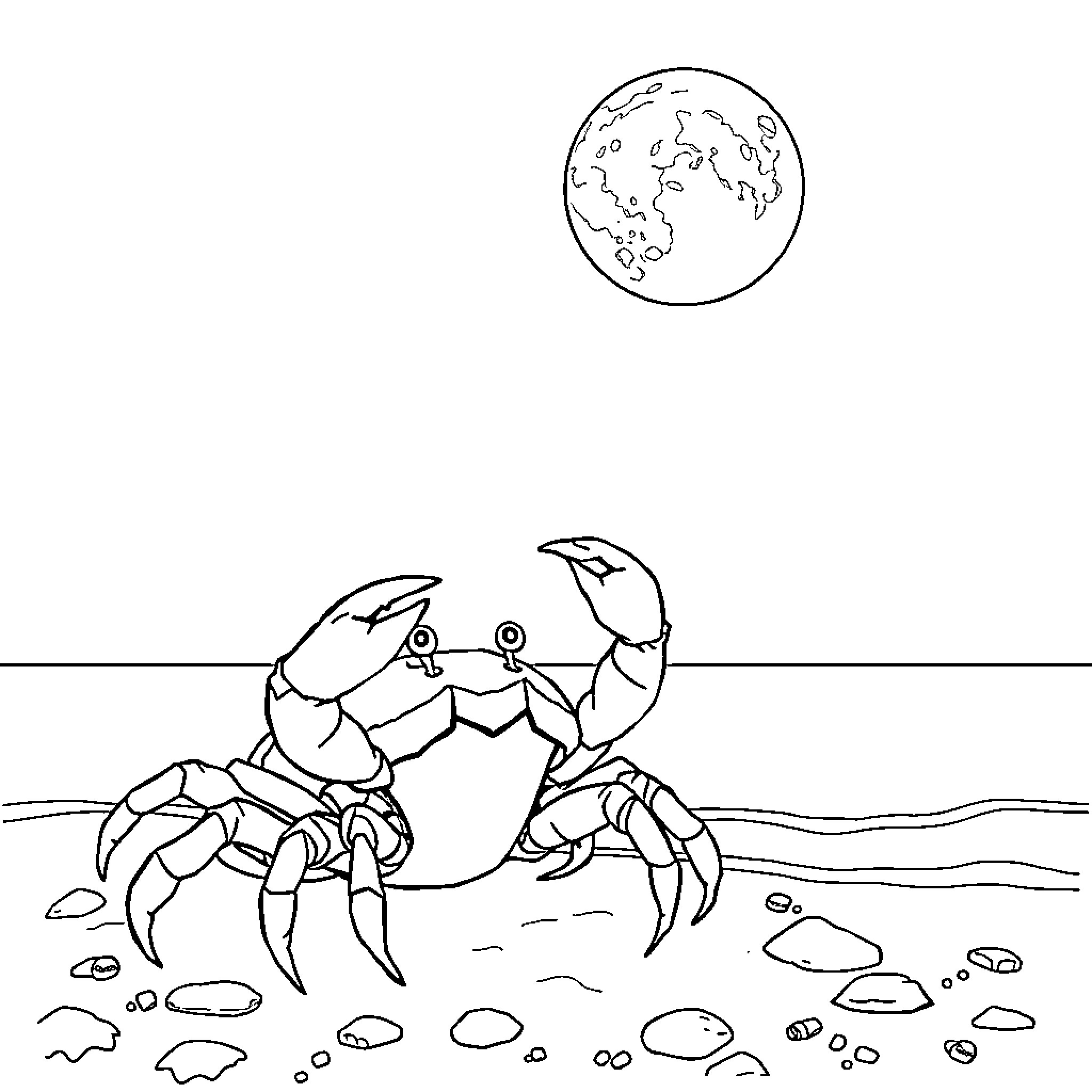 Crab exploring rocky shoreline under the moon Coloring Page (free black-and-white line drawing printable PDF for all, from beginners to advanced learners, including children, teens, adults, and seniors)