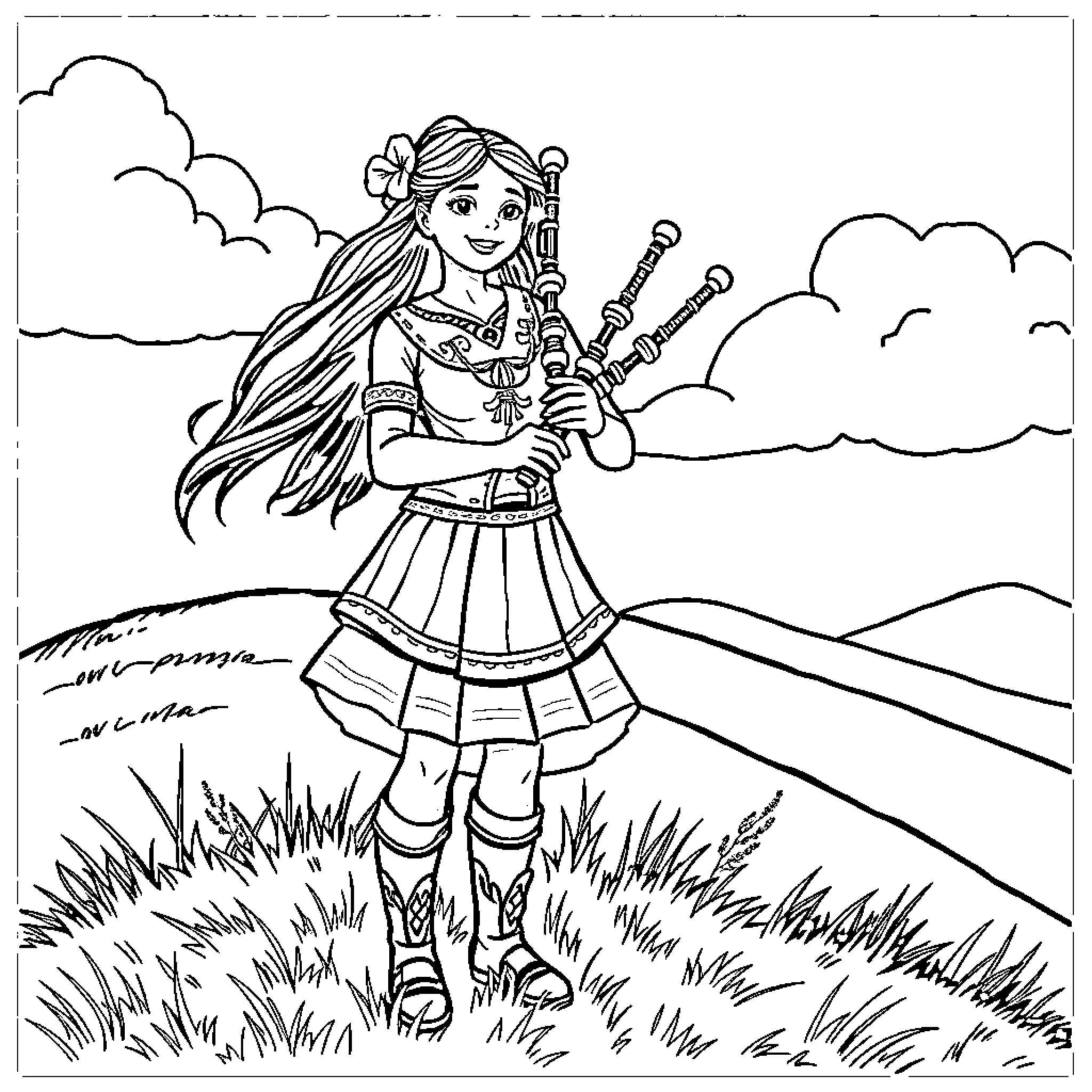 Vanessa Mae playing her violin in the countryside Coloring Page (free black-and-white line drawing printable PDF for all, from beginners to advanced learners, including children, teens, adults, and seniors)