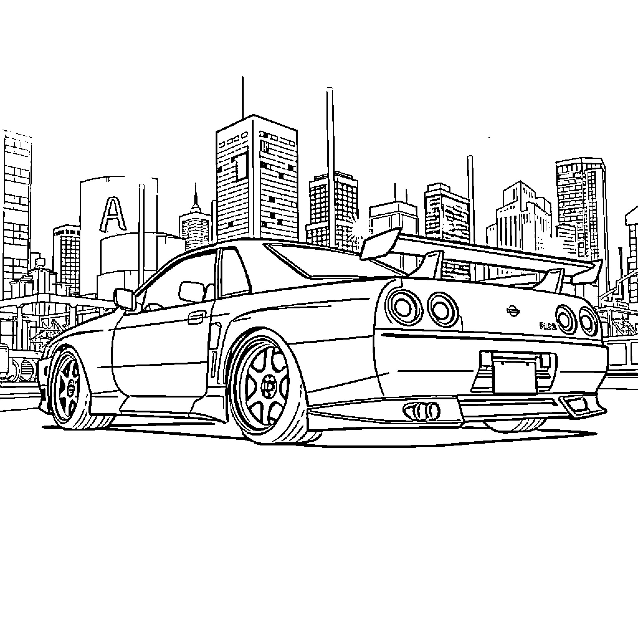 Nissan Skyline speeding through the city Coloring Page (free black-and-white line drawing printable PDF for all, from beginners to advanced learners, including children, teens, adults, and seniors)