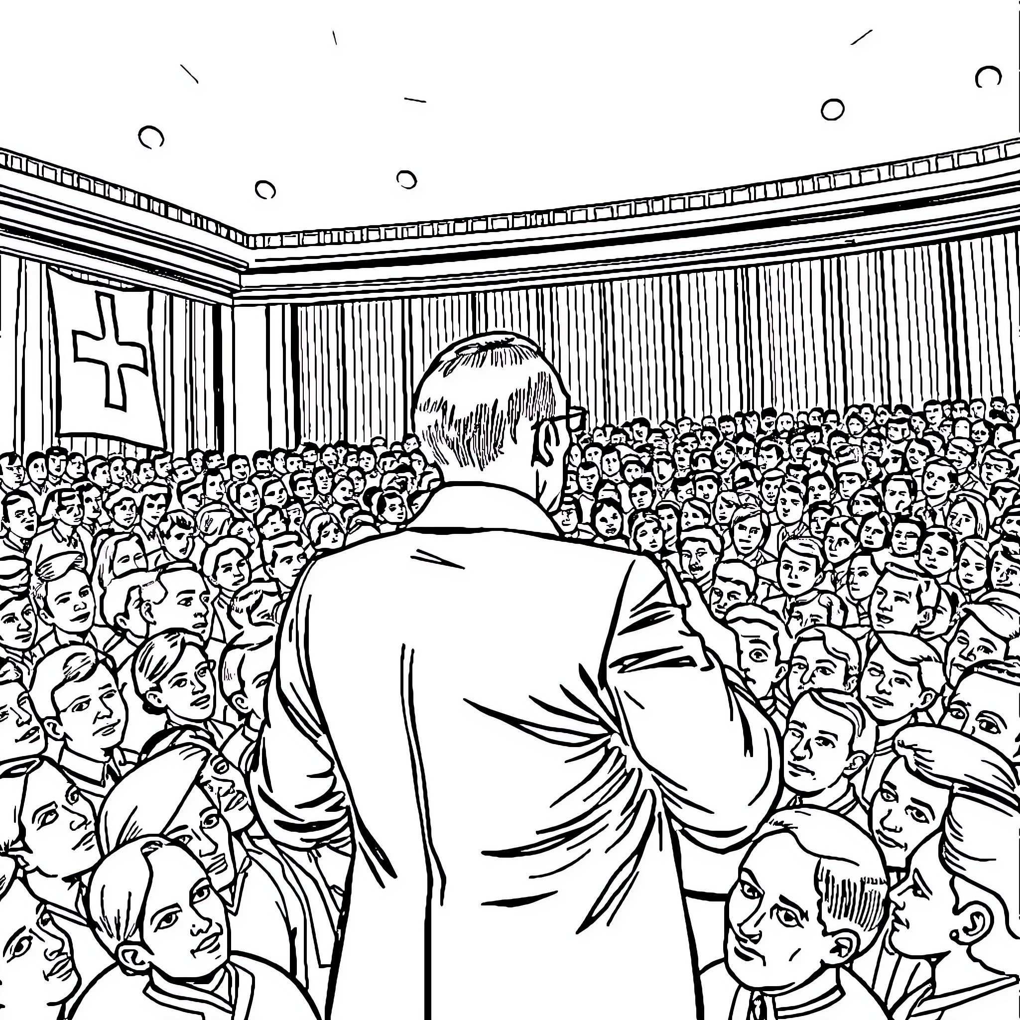 Adolf Hitler addressing a large crowd at a rally Coloring Page (free black-and-white line drawing printable PDF for all, from beginners to advanced learners, including children, teens, adults, and seniors)
